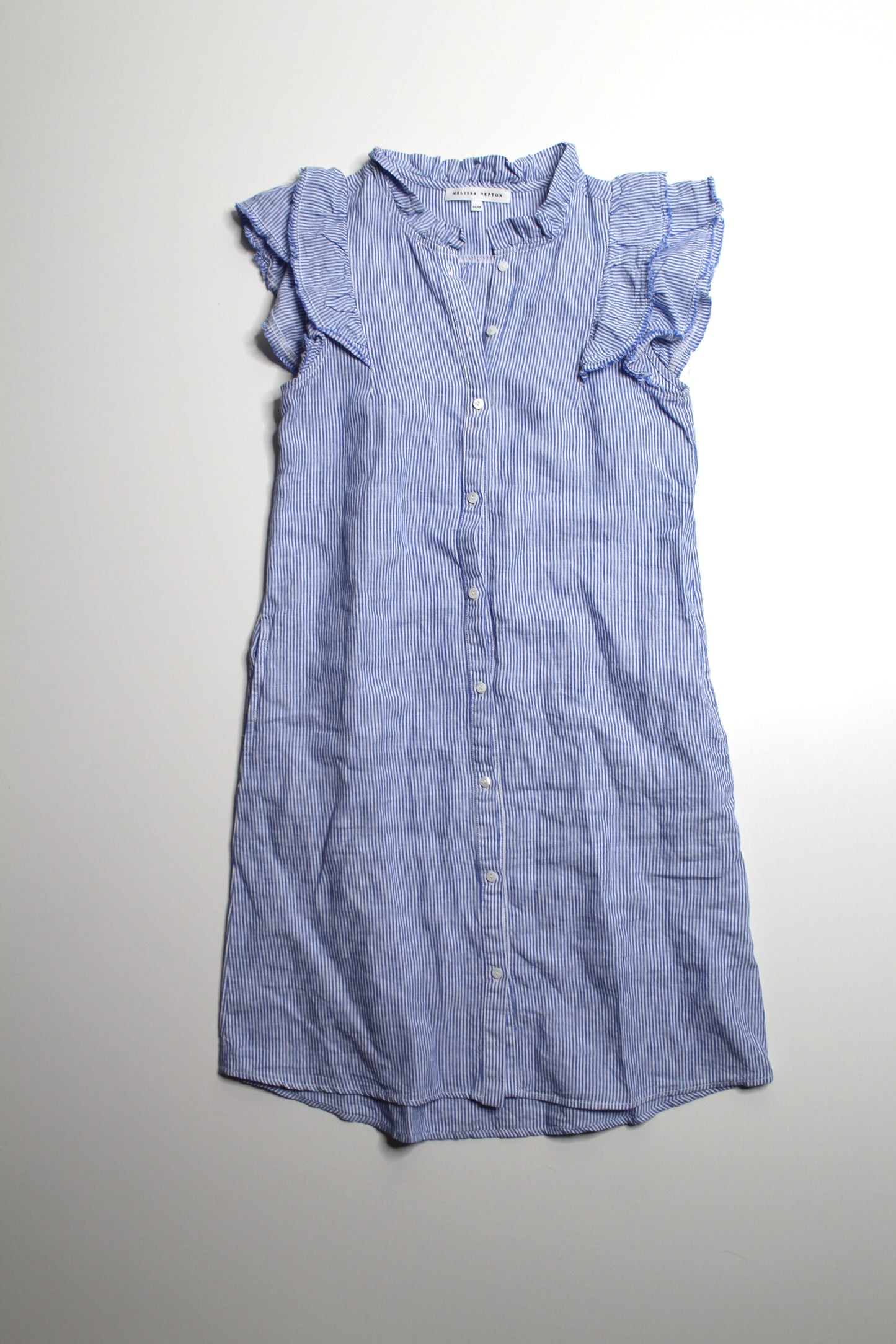 Melissa Nepton blue/white flutter sleeve striped dress, size xs
