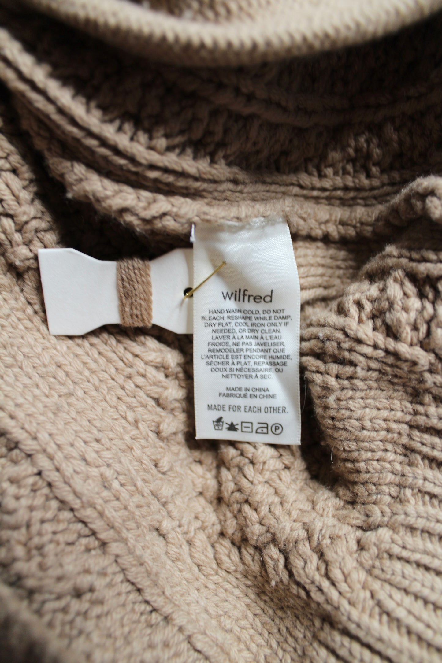 Aritzia Wilfred antique beige ‘alps’ cable knit pom cardigan, size xsmall (oversized fit)