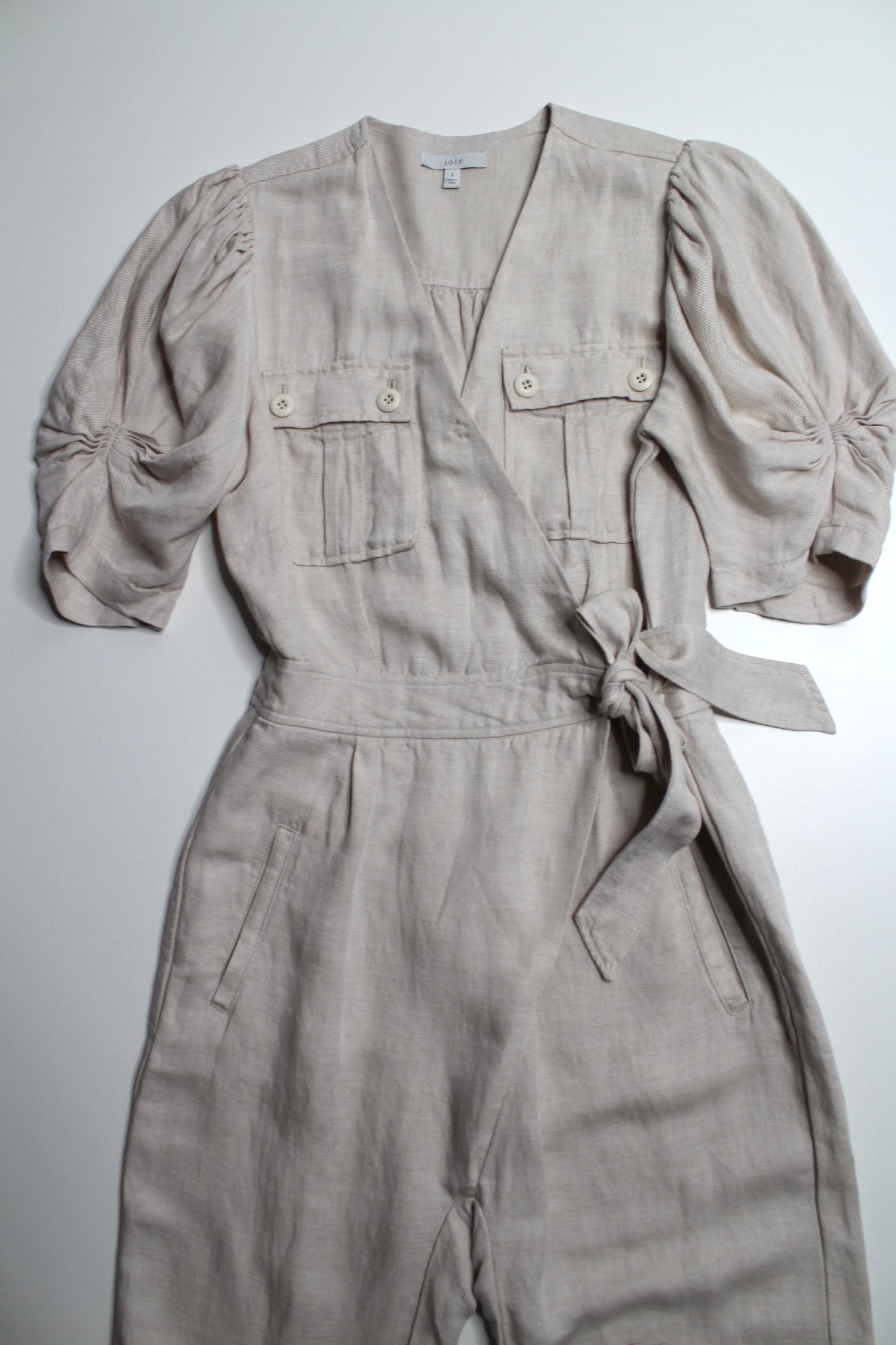 JOIE beige ‘Leroy’ linen ruffle sleeve jumpsuit, size small