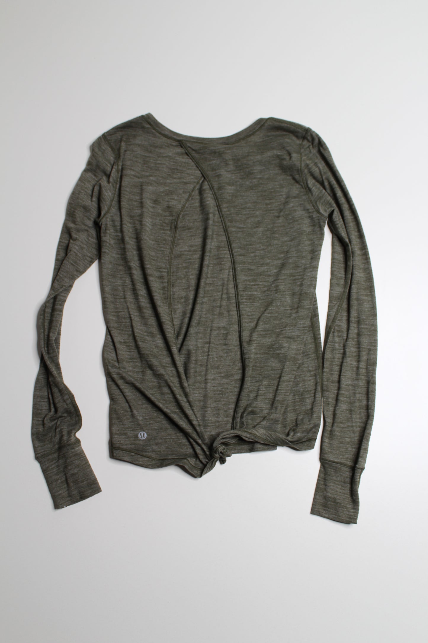 Lululemon heathered fatigue green beat the heat tie back long sleeve, no size. Fits like 4