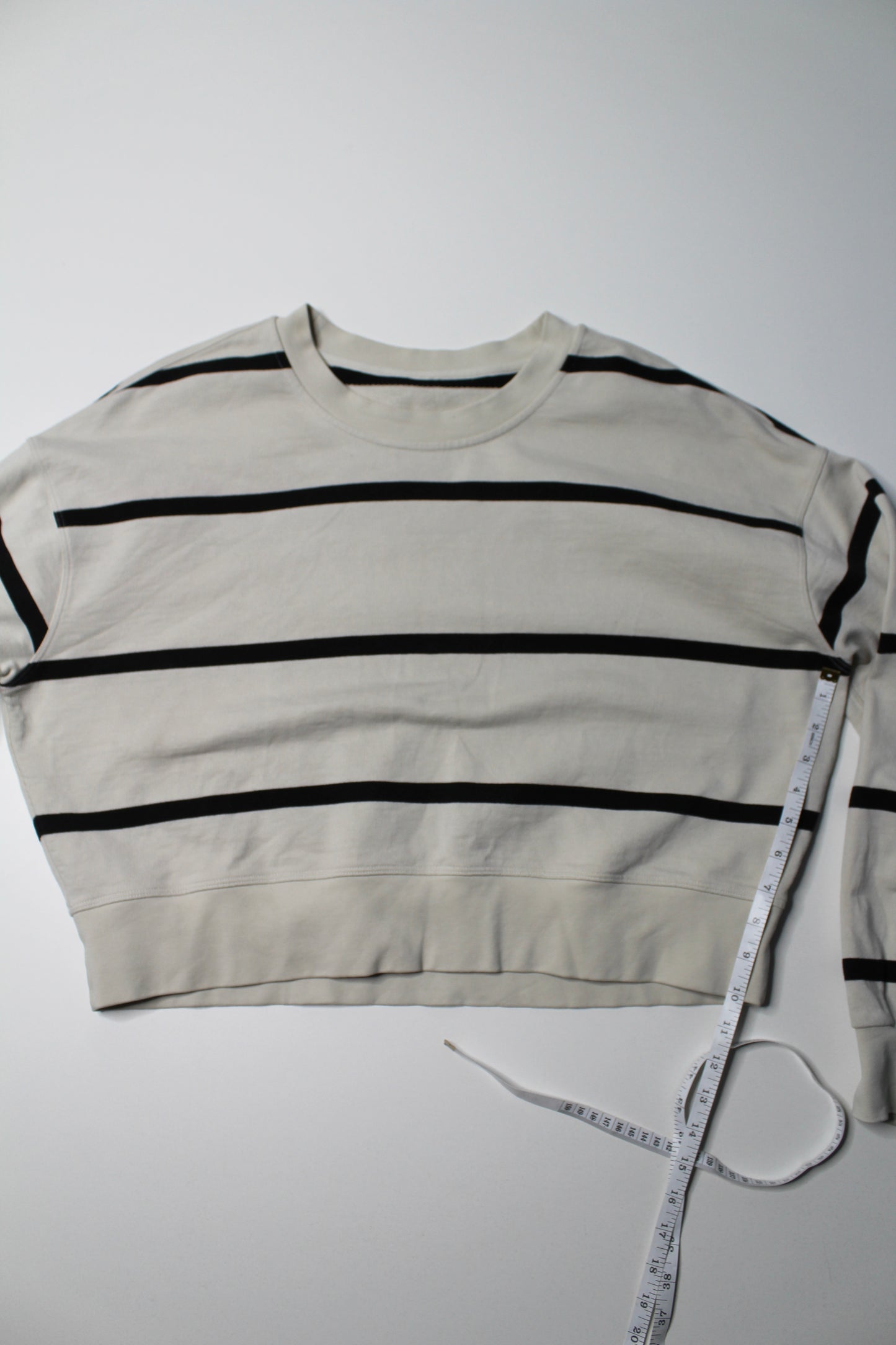 Lululemon bone striped ‘perfectly oversized  cropped crew’ sweater, no size. Fits like 8 (or size medium) (sale: was $58)
