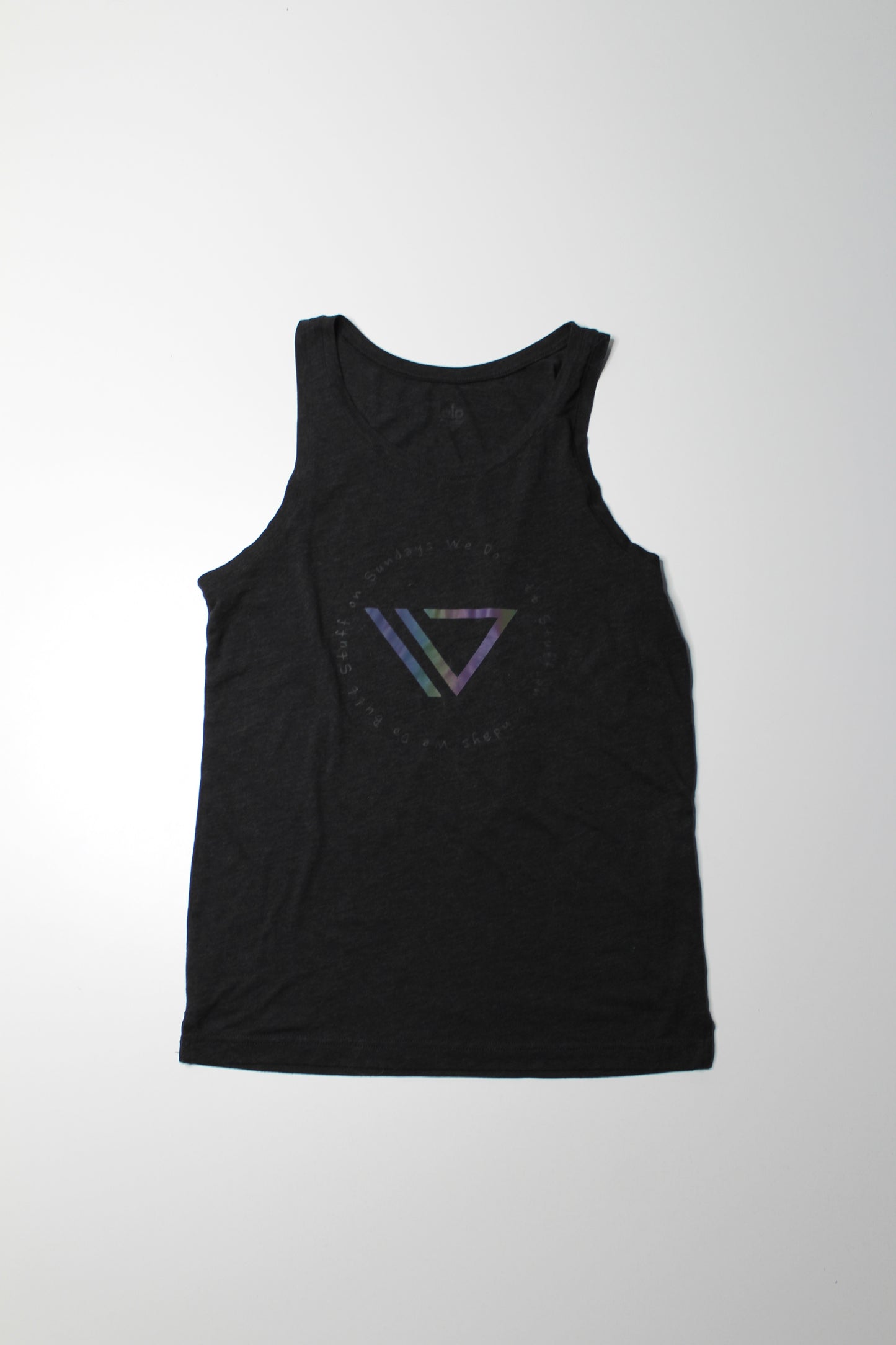 Alo Yoga black wash ‘on sundays we do butt stuff’ tank, size small