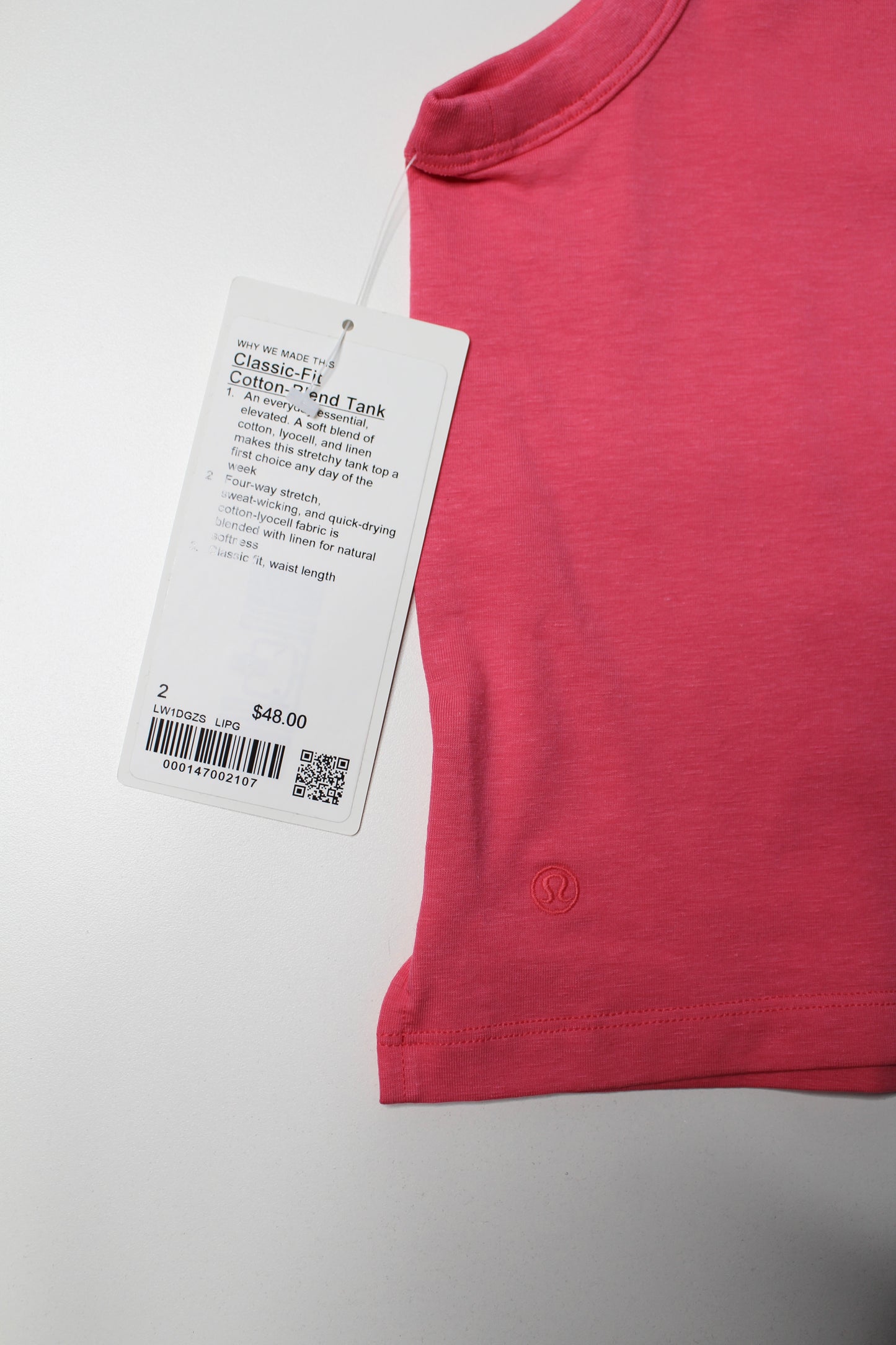 Lululemon lip gloss classic fit cotton blend’ muscle tank, size 2 (loose fit) *new with tags