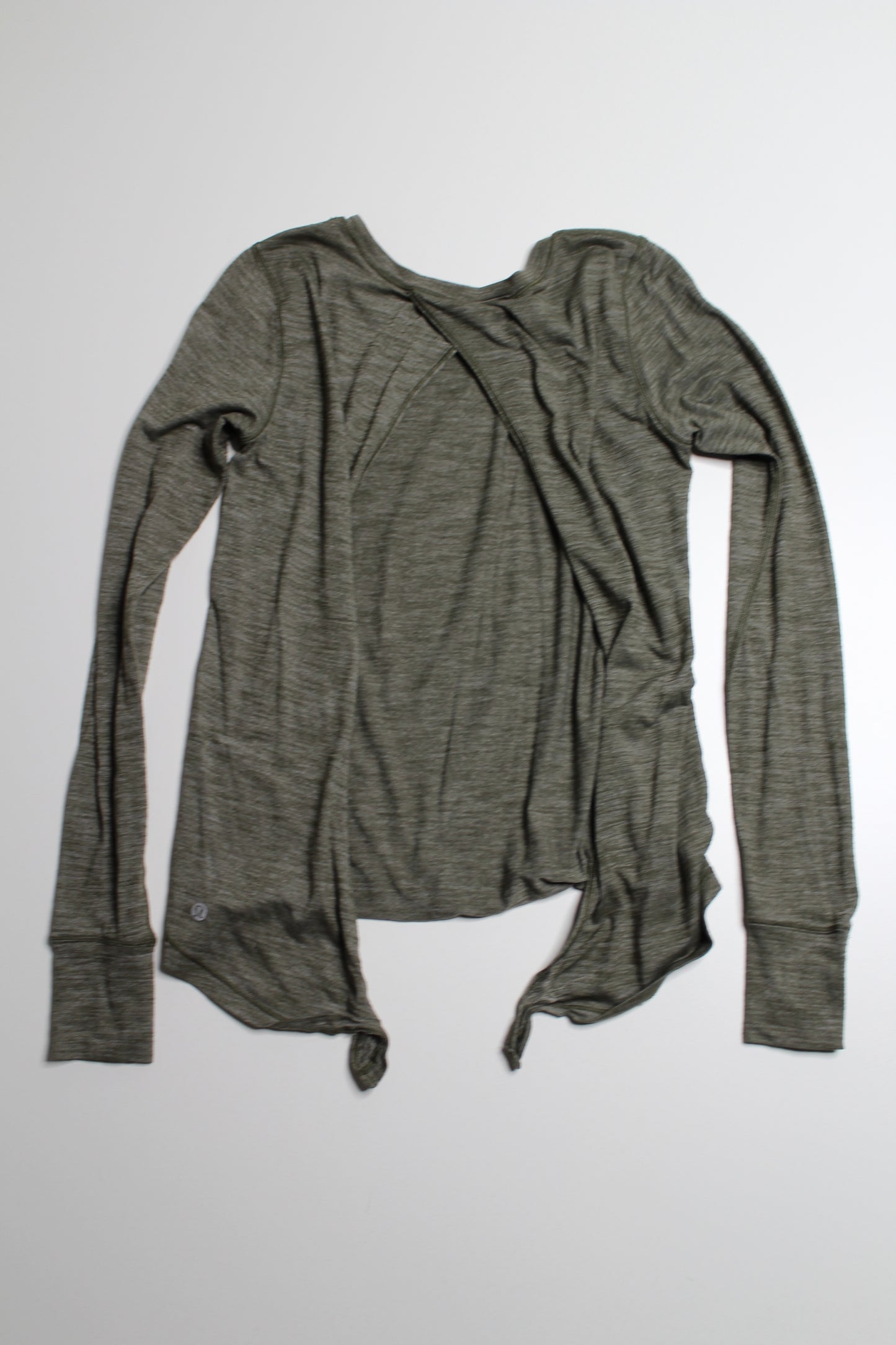 Lululemon heathered fatigue green beat the heat tie back long sleeve, no size. Fits like 4