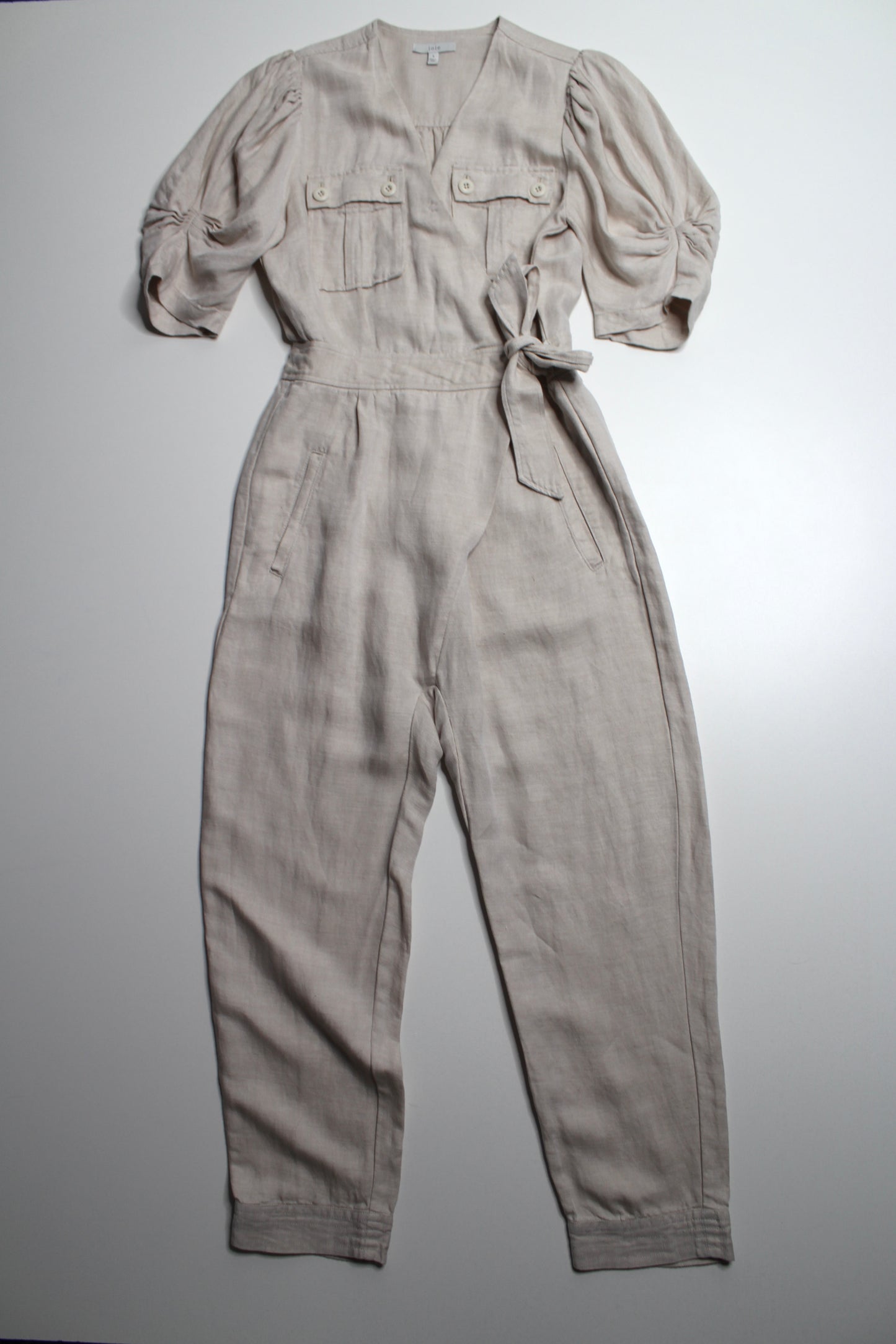 JOIE beige ‘Leroy’ linen ruffle sleeve jumpsuit, size small