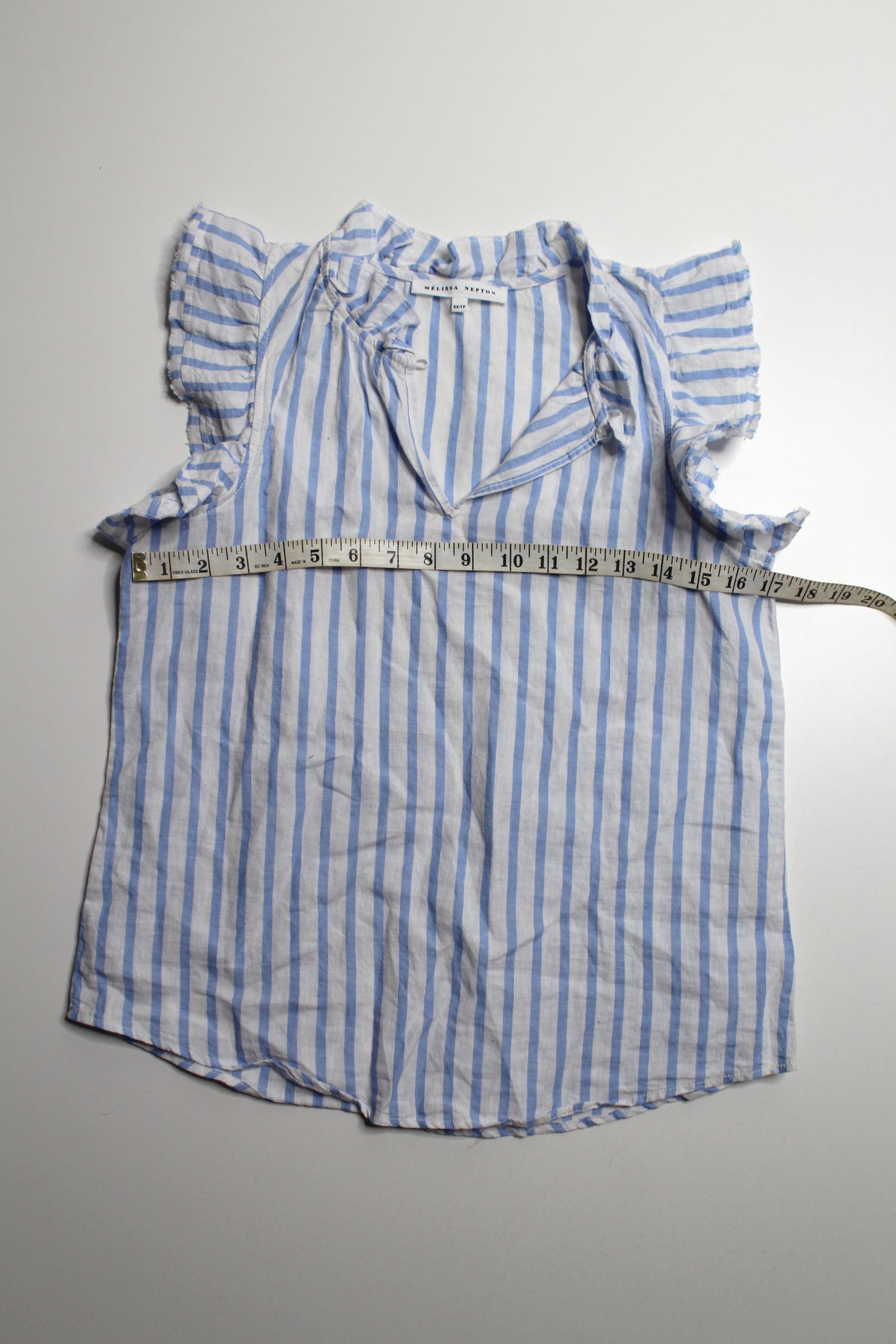 Melissa Nepton blue/white flutter sleeve blouse, size xs