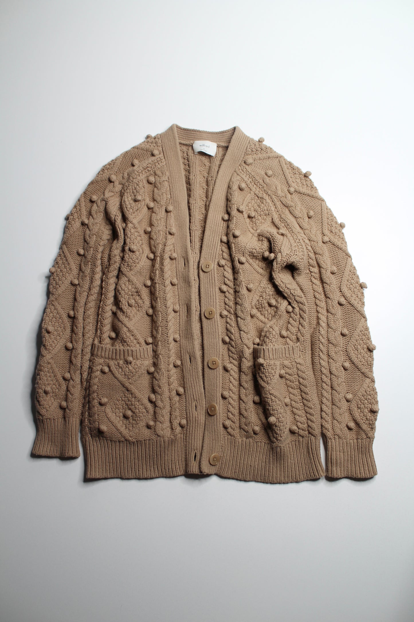 Aritzia Wilfred antique beige ‘alps’ cable knit pom cardigan, size xsmall (oversized fit)