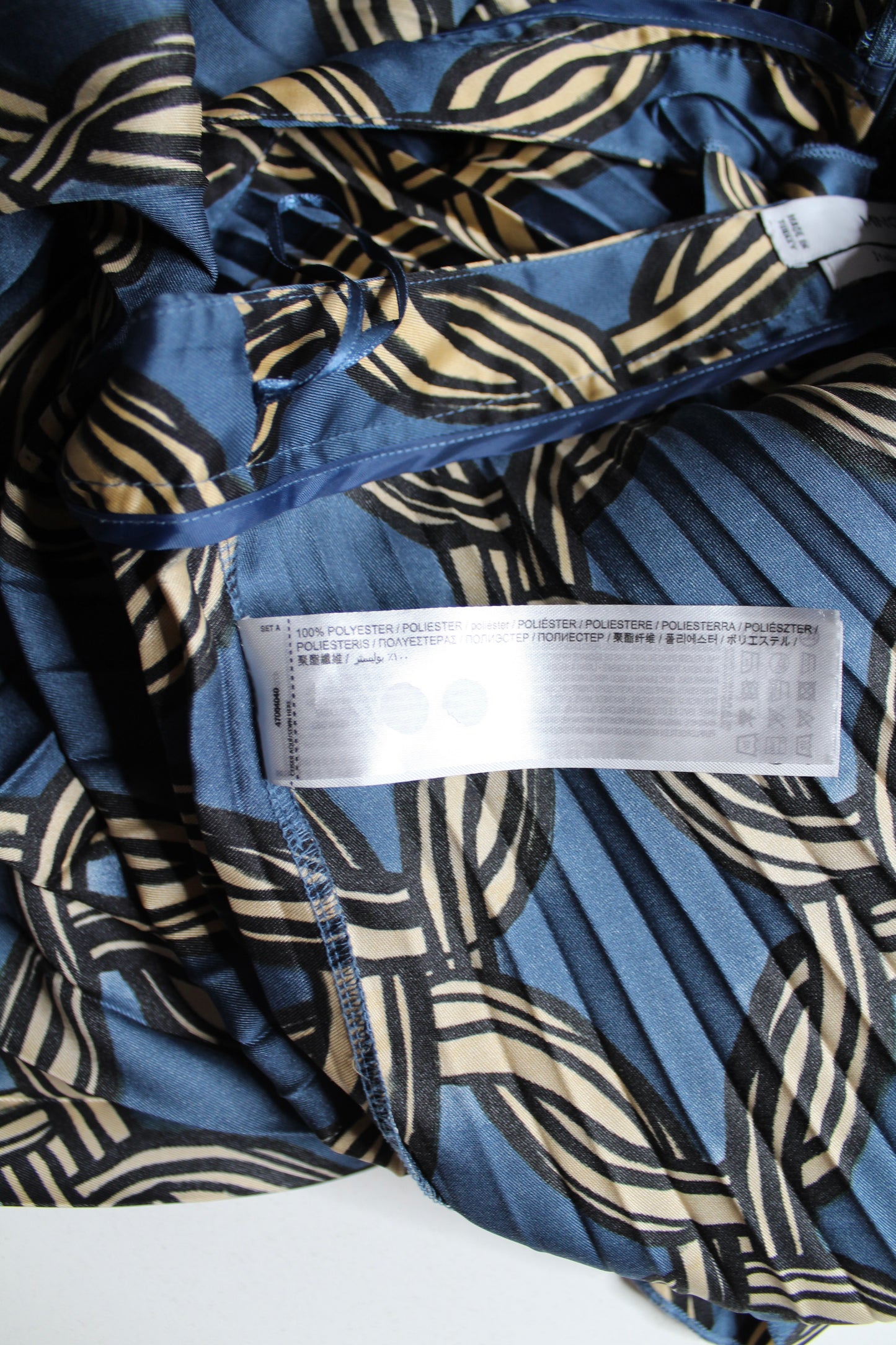MNG blue/gold pleated midi skirt, size xsmall