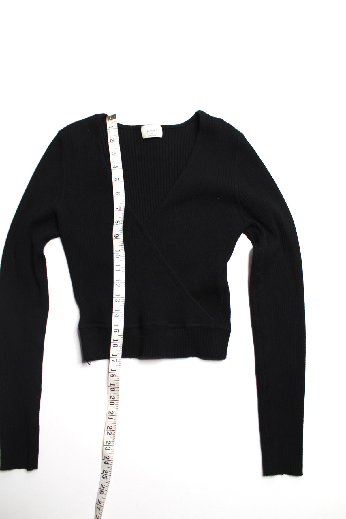 Aritzia Wilfred black faux wrap ribbed knit long sleeve, size medium
