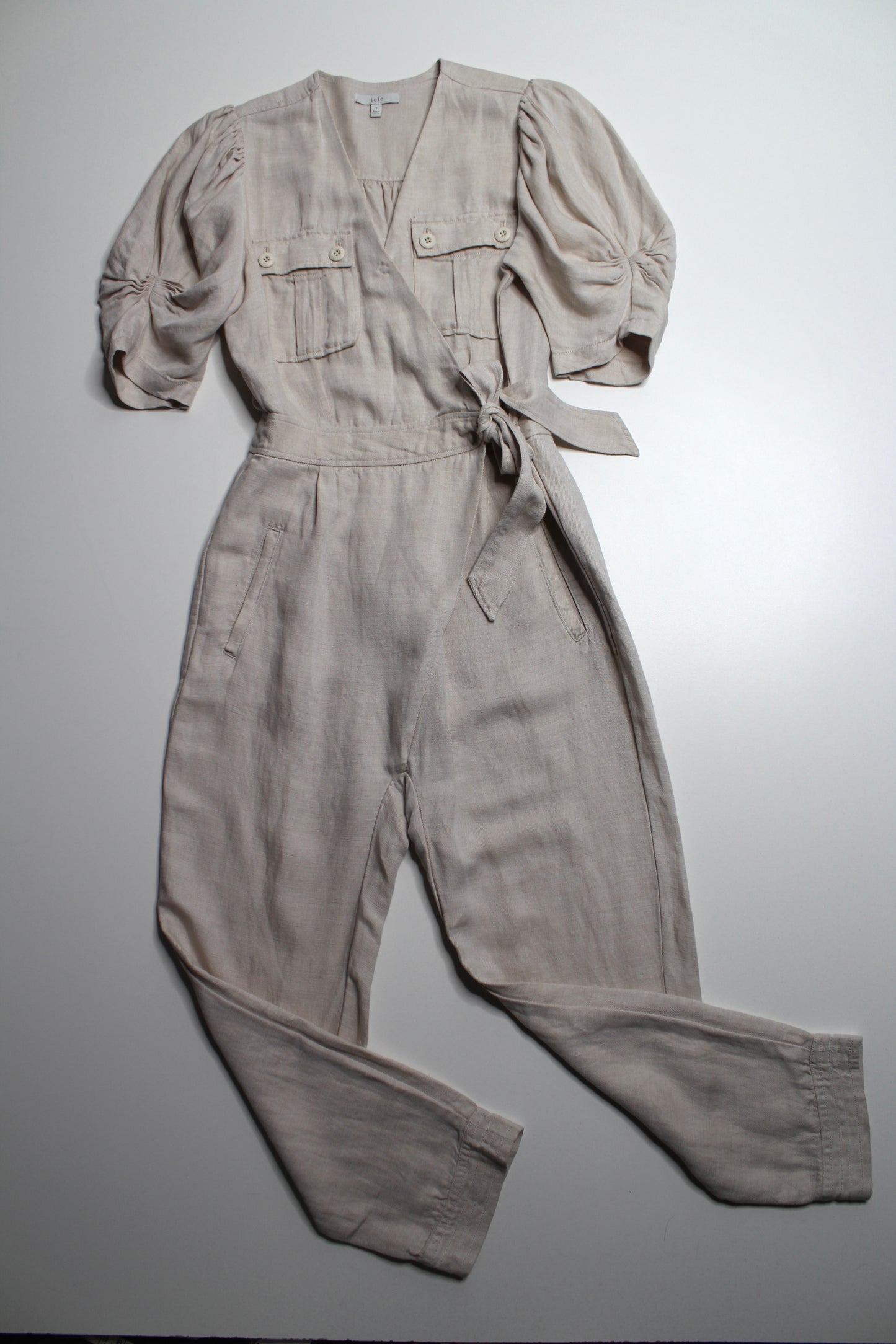 JOIE beige ‘Leroy’ linen ruffle sleeve jumpsuit, size small