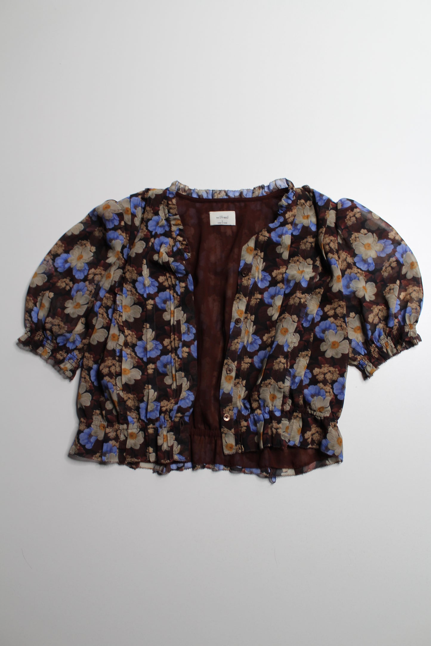 Aritzia Wilfred brown/blue print ‘mansfield’ blouse, size small
