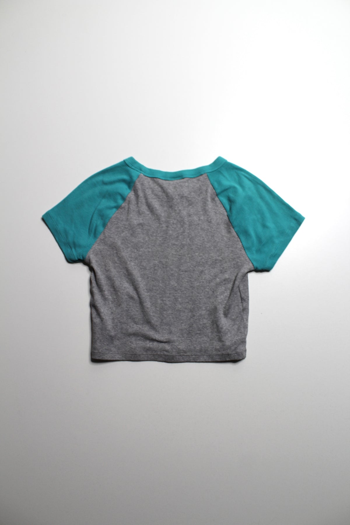 Aritzia TNA grey/teal cropped ‘homestretch’ crew t-shirt, size medium
