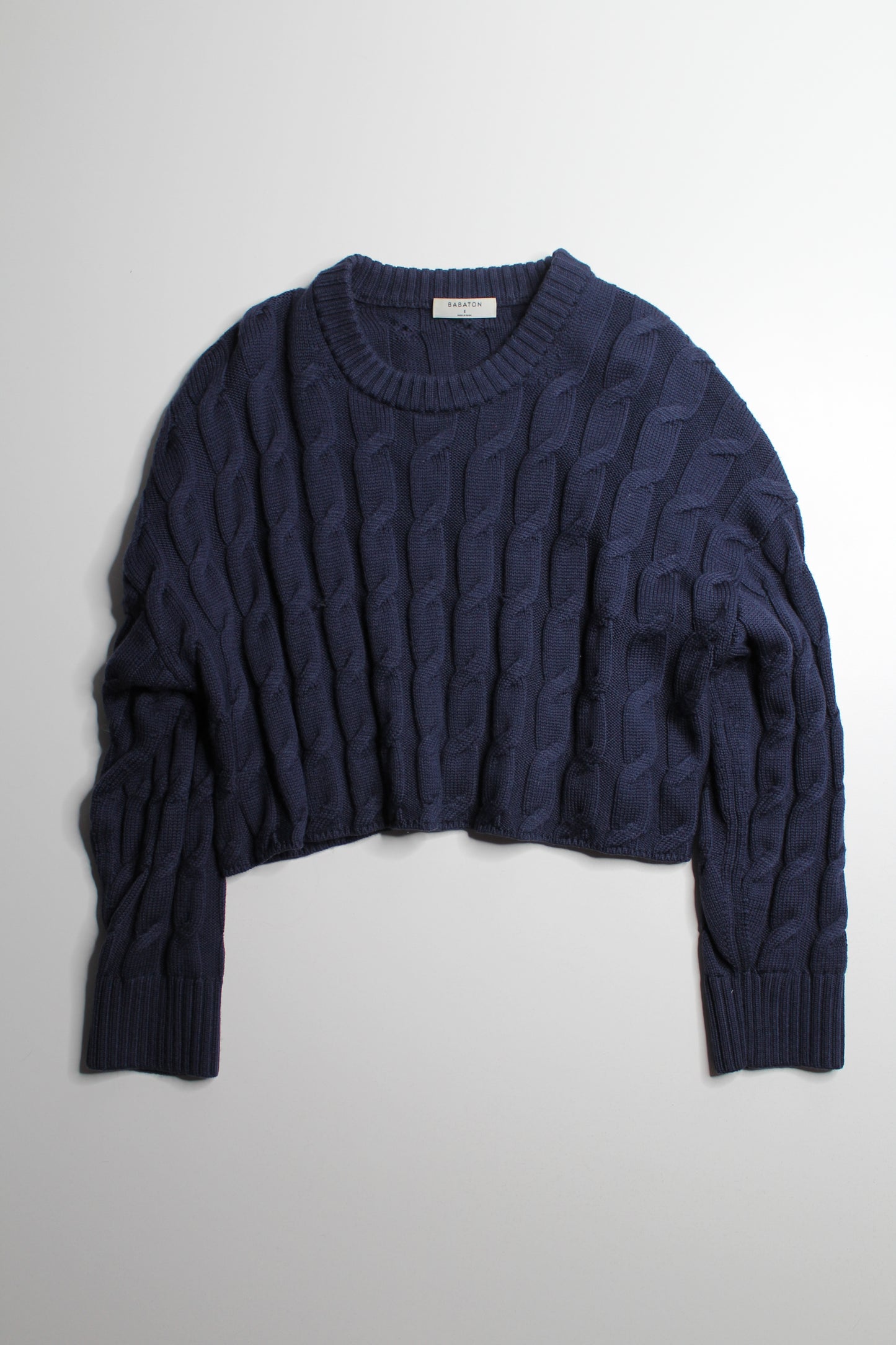 Aritzia navy cable knit ‘glory’ merino wool cropped sweater, size small (oversized fit)