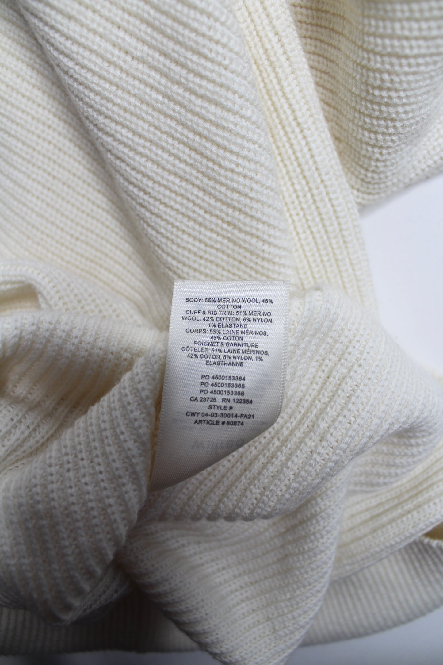 Aritzia Wilfred cream merino/cotton ribbed crewneck knit sweater, size xs (relaxed loose fit)