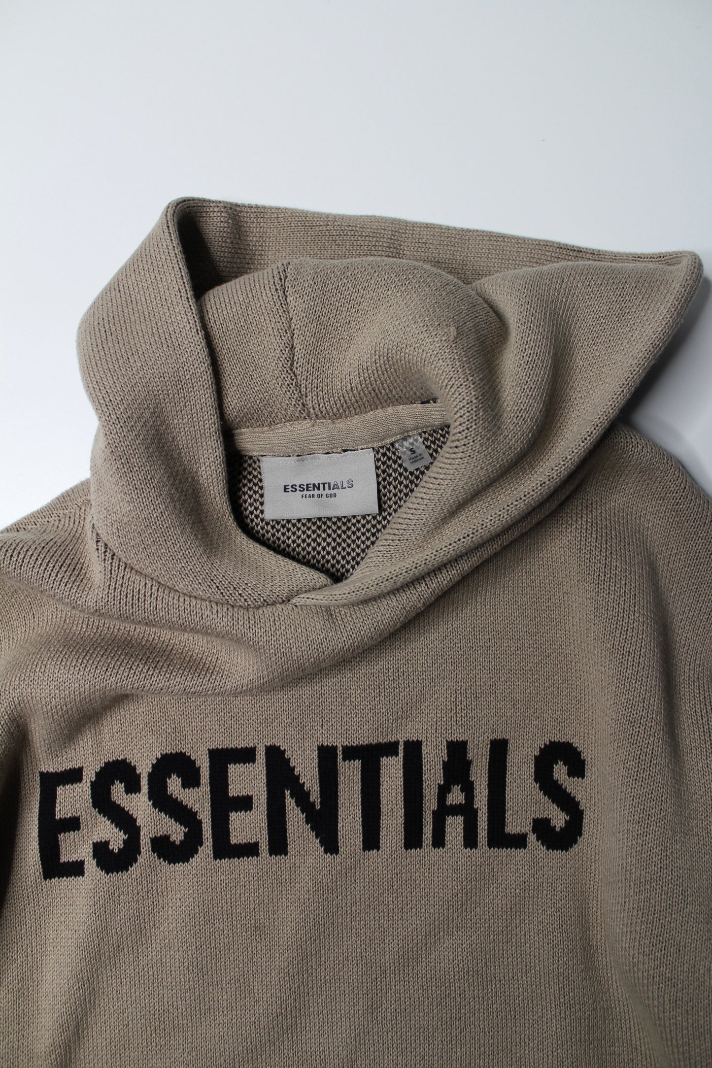 Fear of God Essentials tan knit pullover knit hoodie, size small (oversized fit)