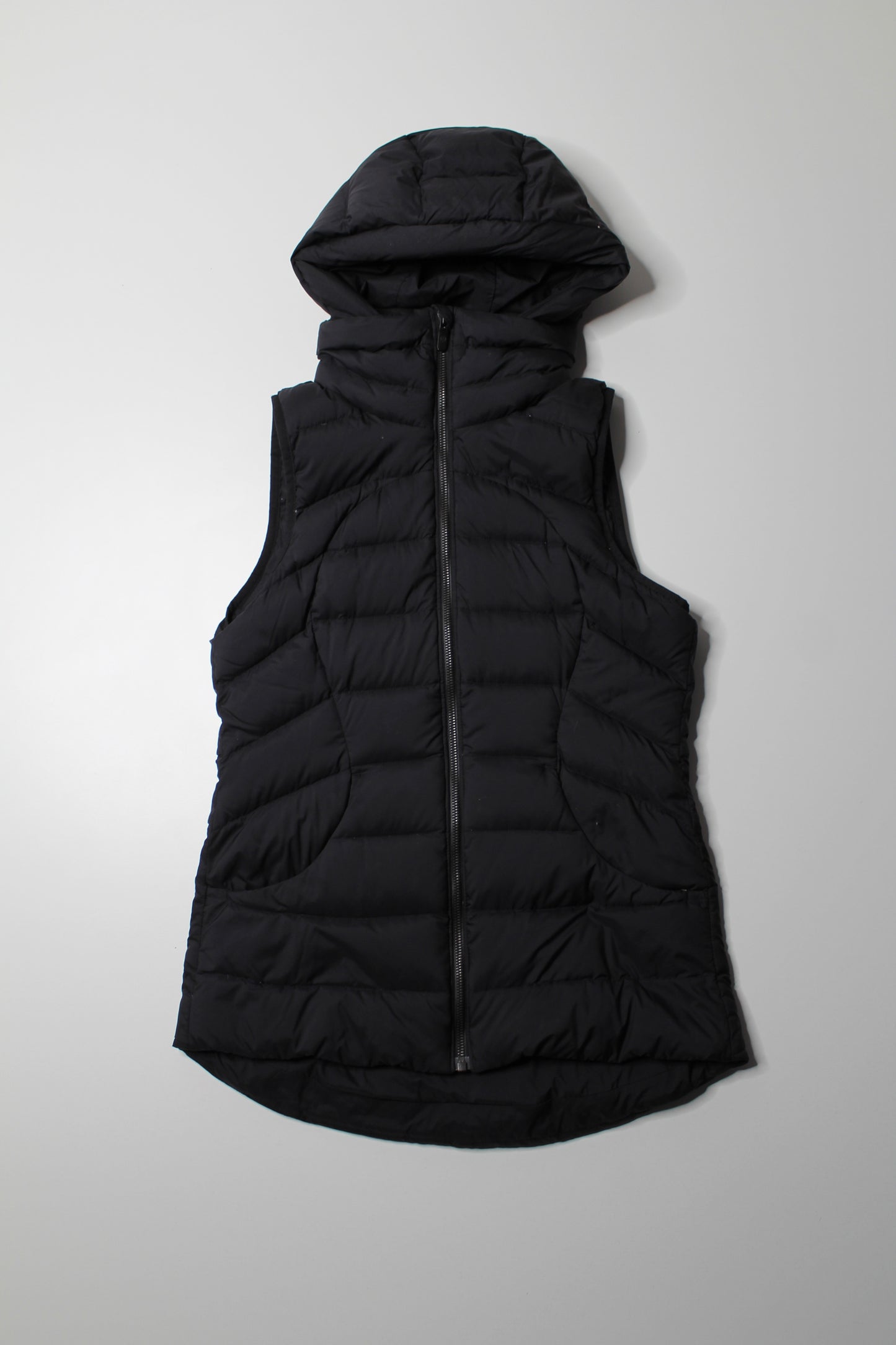 Lululemon black puffer vest with hood, size 6