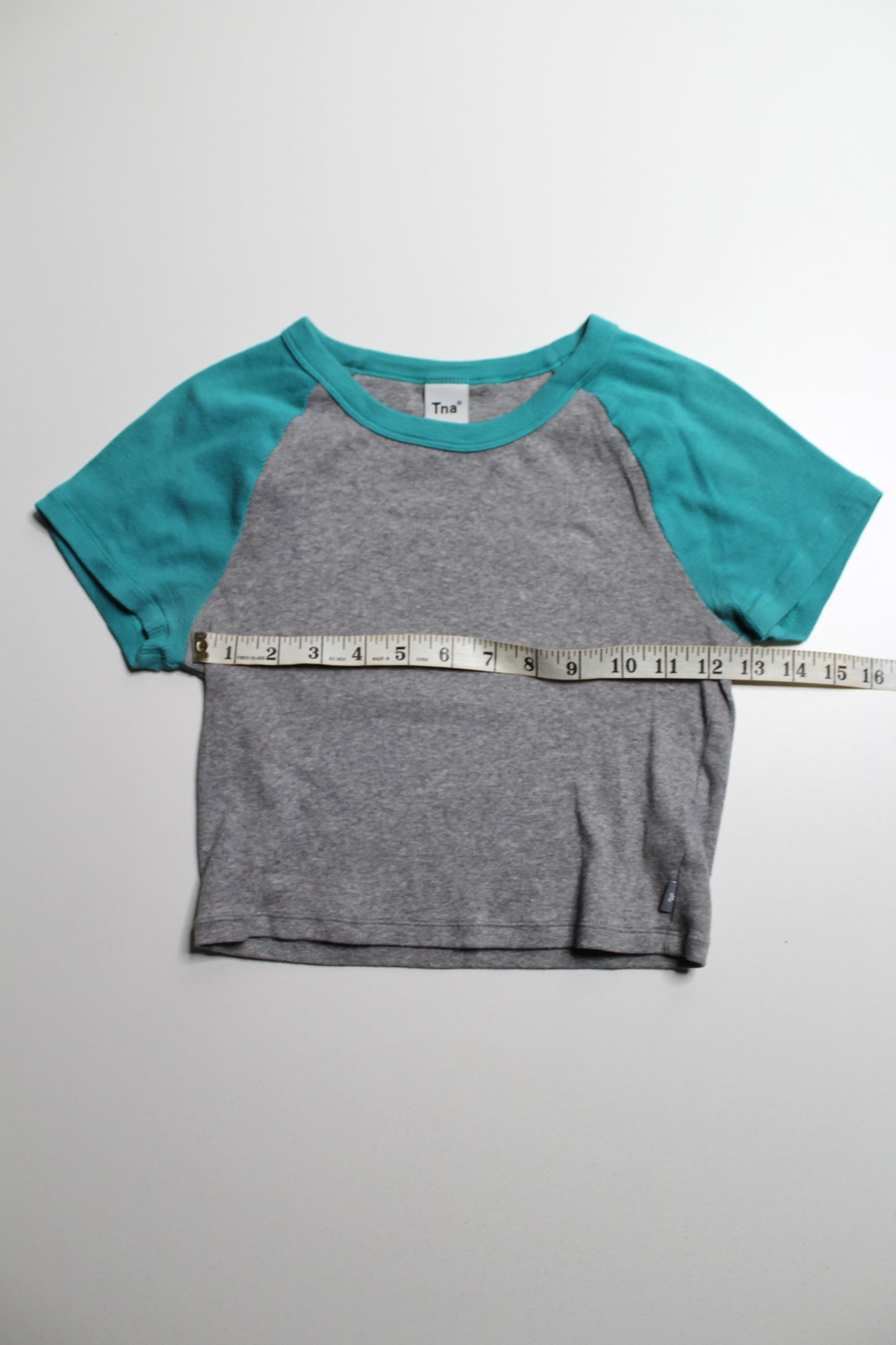 Aritzia TNA grey/teal cropped ‘homestretch’ crew t-shirt, size medium