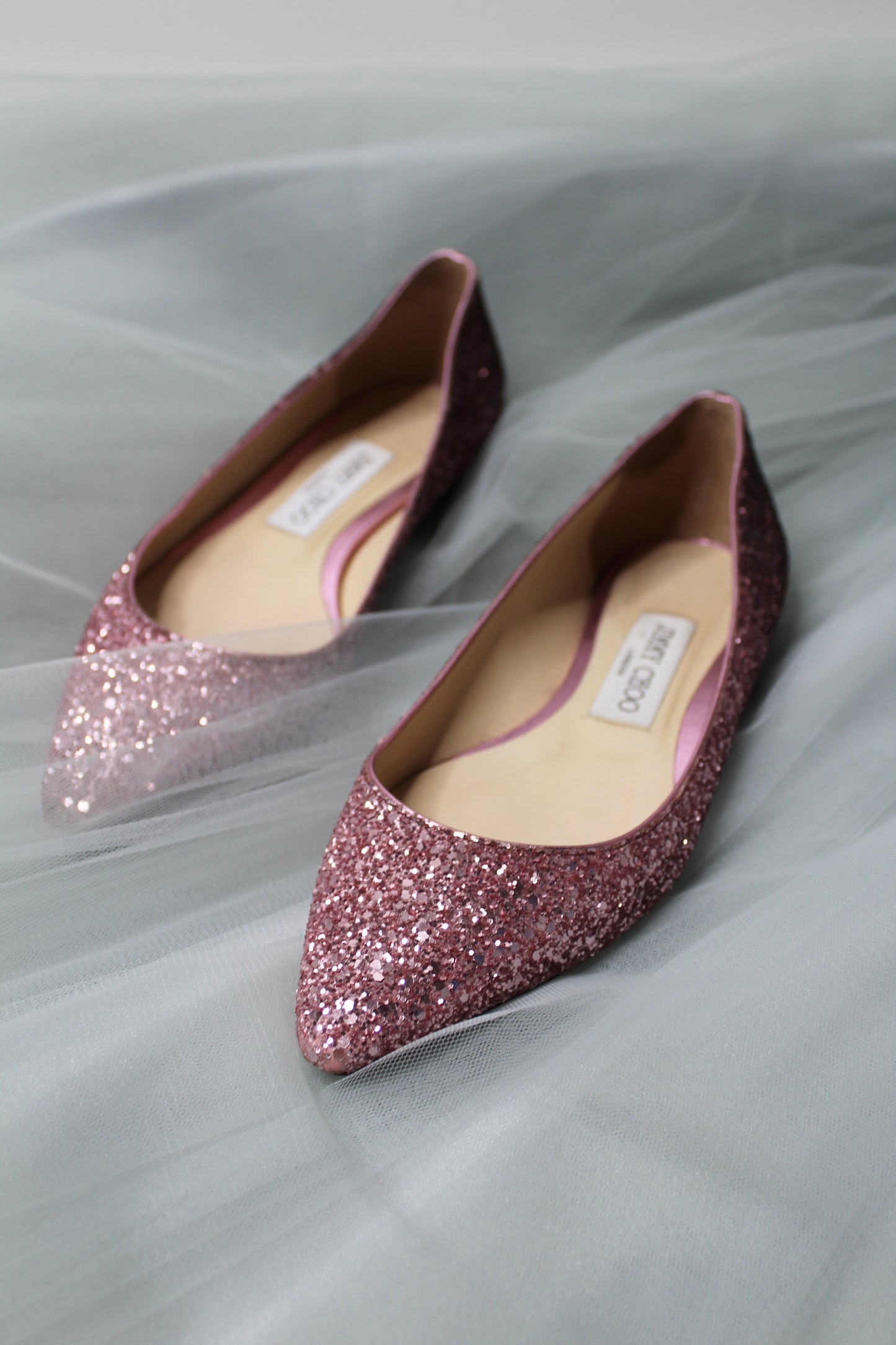 Jimmy Choo pink glitter 'romy' flats, size 36 (size 6)