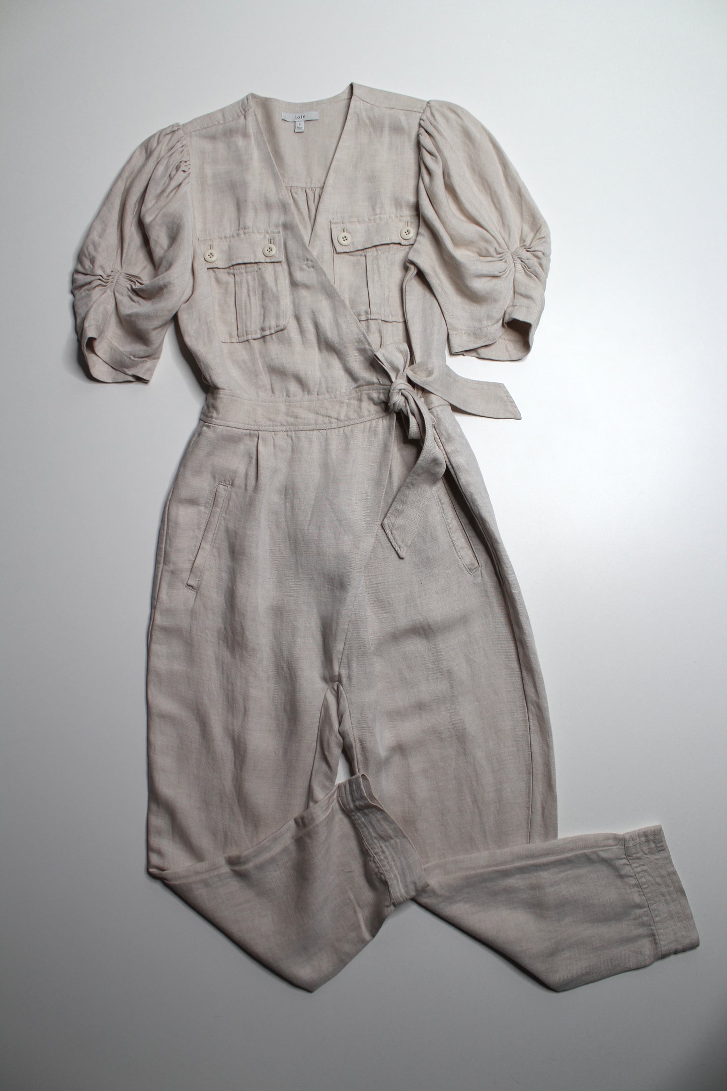 JOIE beige ‘Leroy’ linen ruffle sleeve jumpsuit, size small