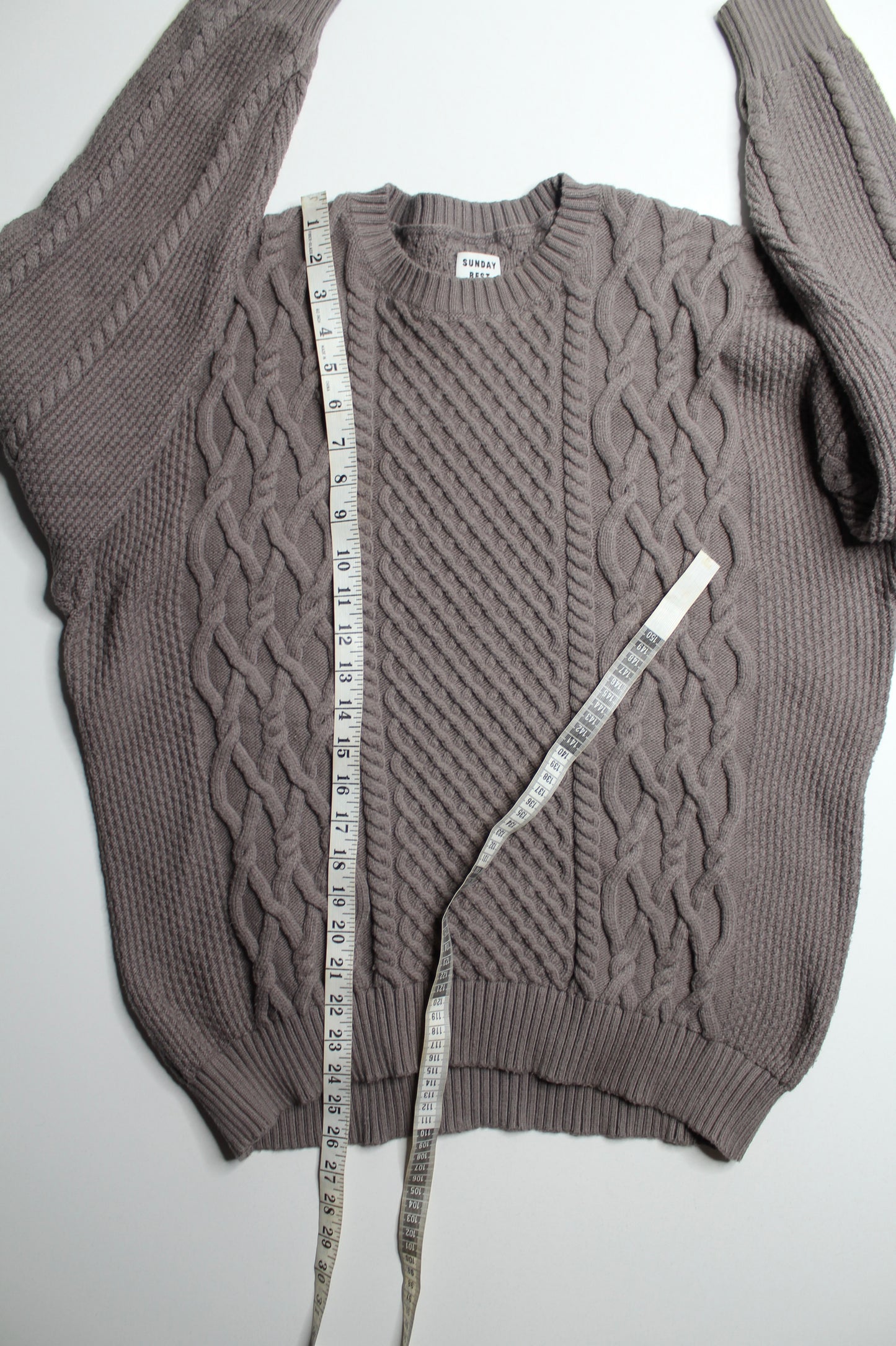 Aritzia Sunday Best deep taupe cable knit 'Peggy' sweeter, size small (relaxed fit)