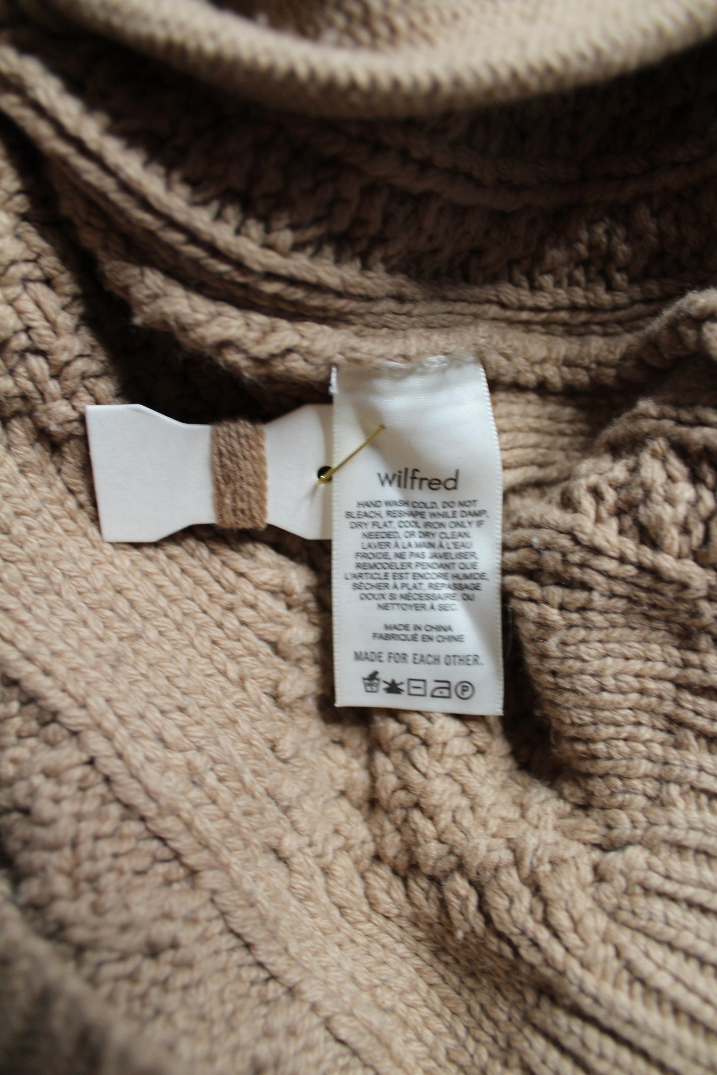Aritzia Wilfred antique beige ‘alps’ cable knit pom cardigan, size xsmall (oversized fit)