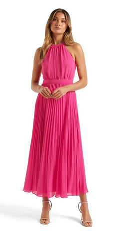 Ever New Melbourne pink fuchsia gwenyth pleated halter midi dress, size 6 (size small)
