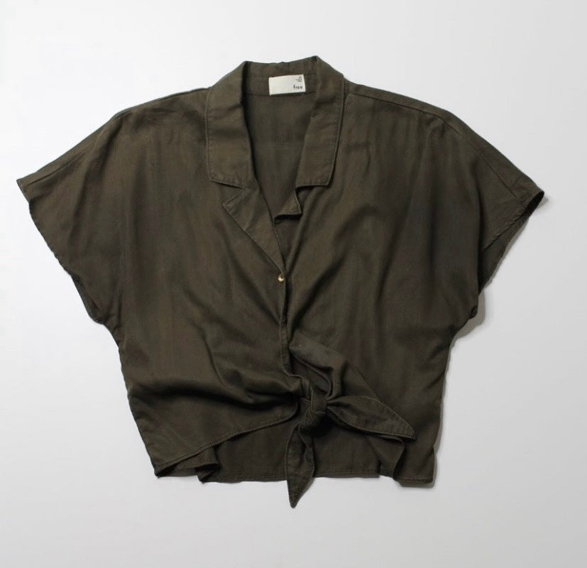 Aritzia wilfred free dark olive tie front blouse, size xs