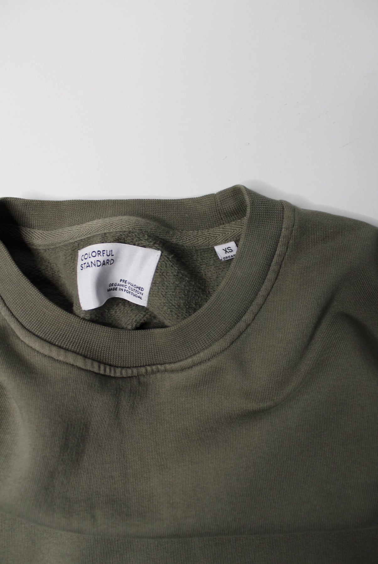 Colorful Standard olive crew neck sweatshirt, size xs (relaxed fit)