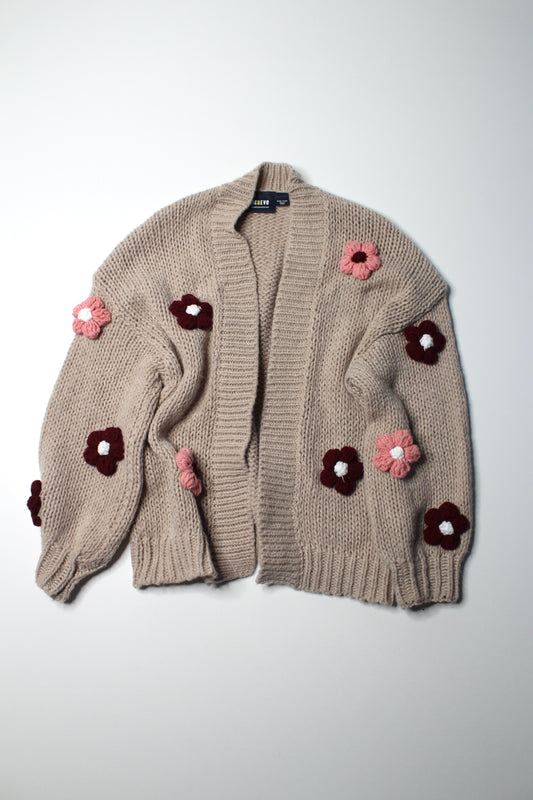 Anthropologie Maeve ‘Susannah’ brown/3D floral knit open front cardigan, one size