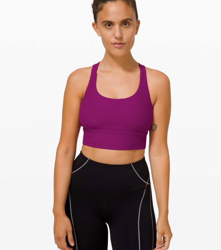 Lululemon deep fuschia ‘energy’ bra long line ribbed, size 8