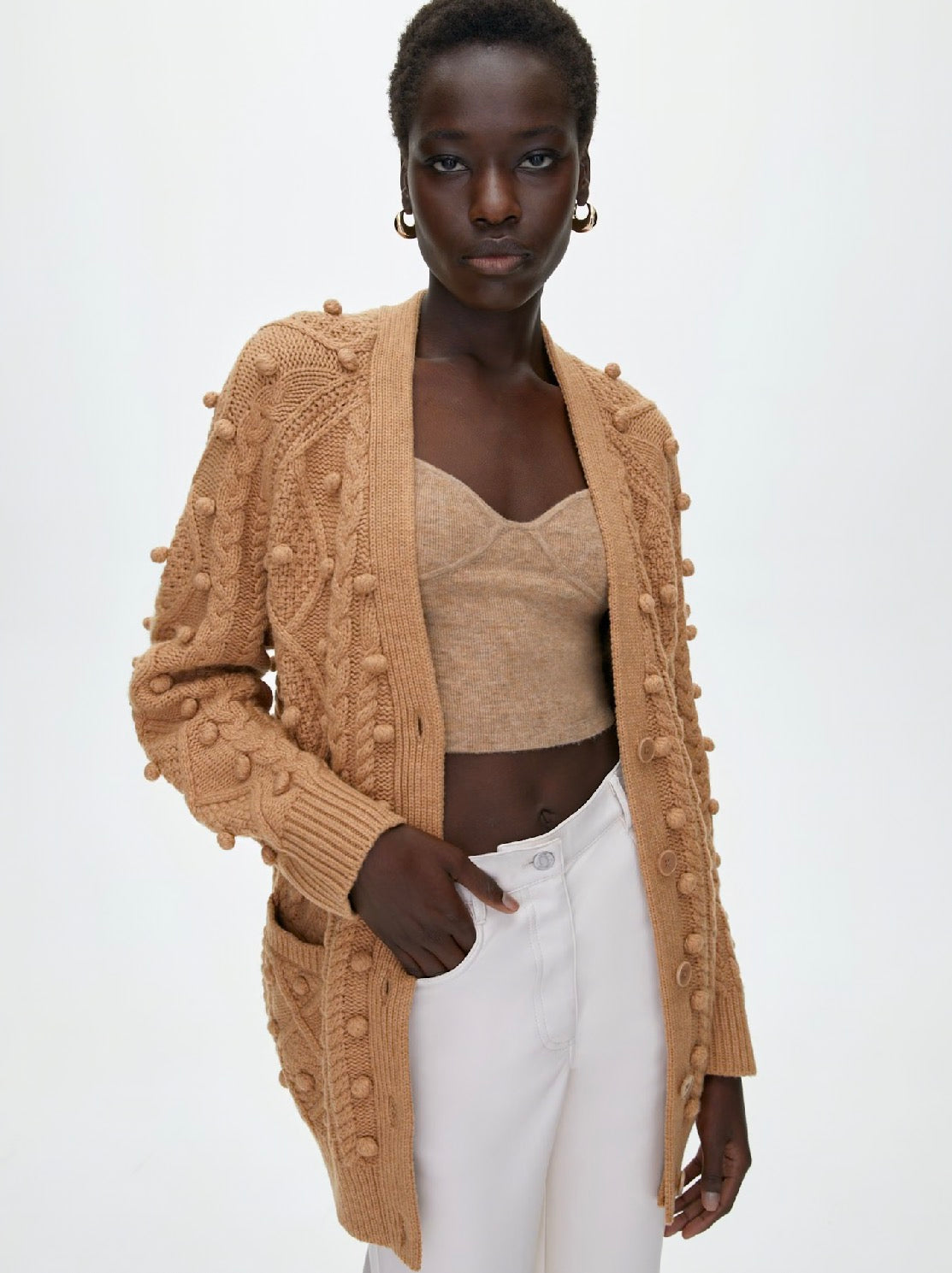 Aritzia Wilfred antique beige ‘alps’ cable knit pom cardigan, size xsmall (oversized fit)