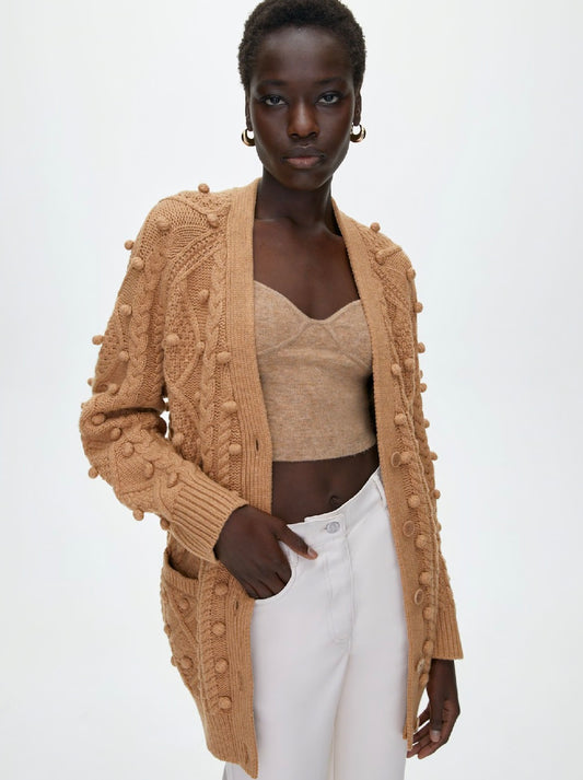 Aritzia Wilfred antique beige ‘alps’ cable knit pom cardigan, size xsmall (oversized fit)