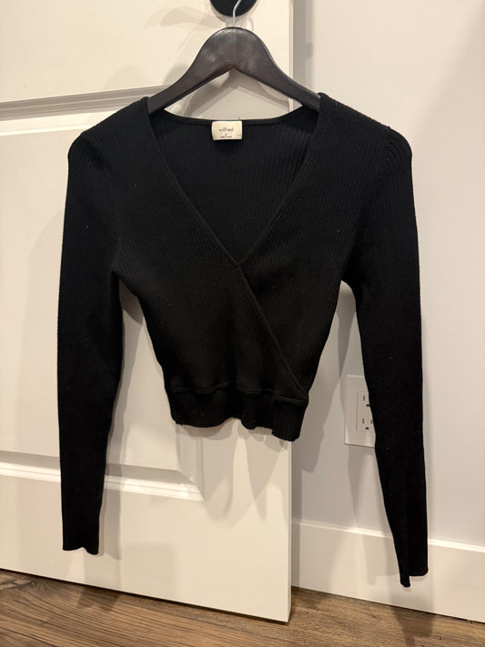 Aritzia Wilfred black faux wrap ribbed knit long sleeve, size medium