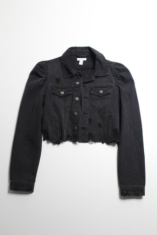 Forever 21 black distressed cropped denim jacket, size medium