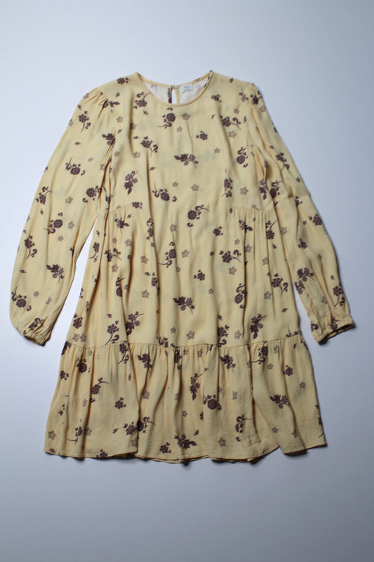 Aritzia Wilfred woodblock stamp yellow 'lambrusco' babydoll mini dress, size small (relaxed fit) (additional 20% off)