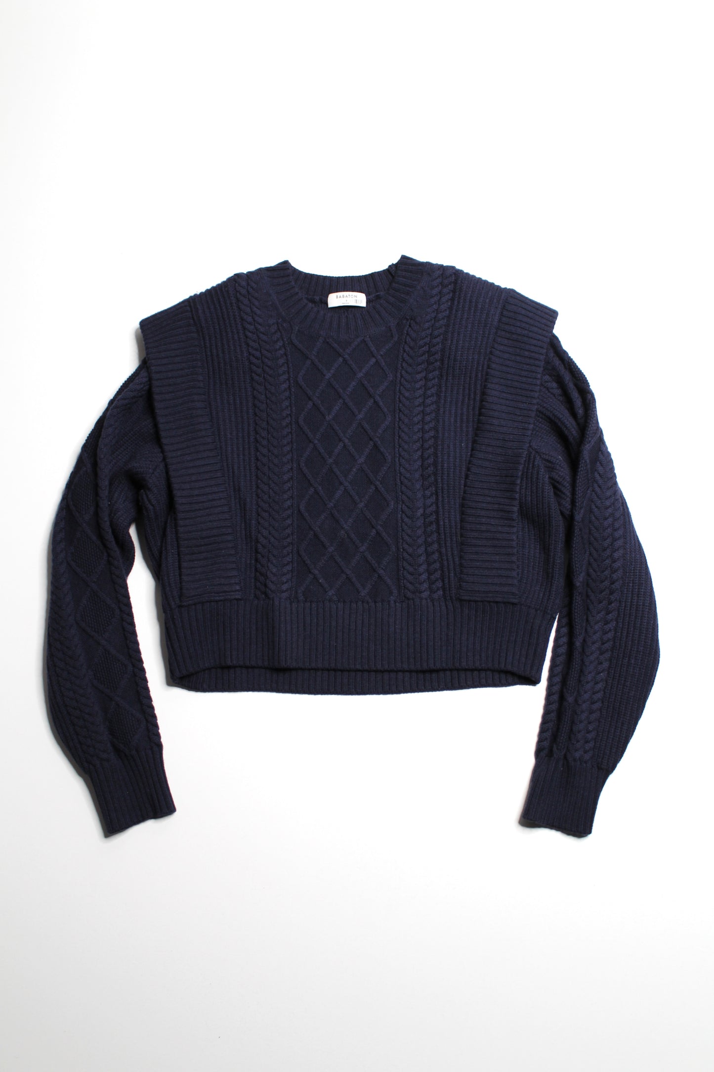 Aritzia Babaton navy 'seek' cable knit shoulder pad sweater, size small (relaxed fit)