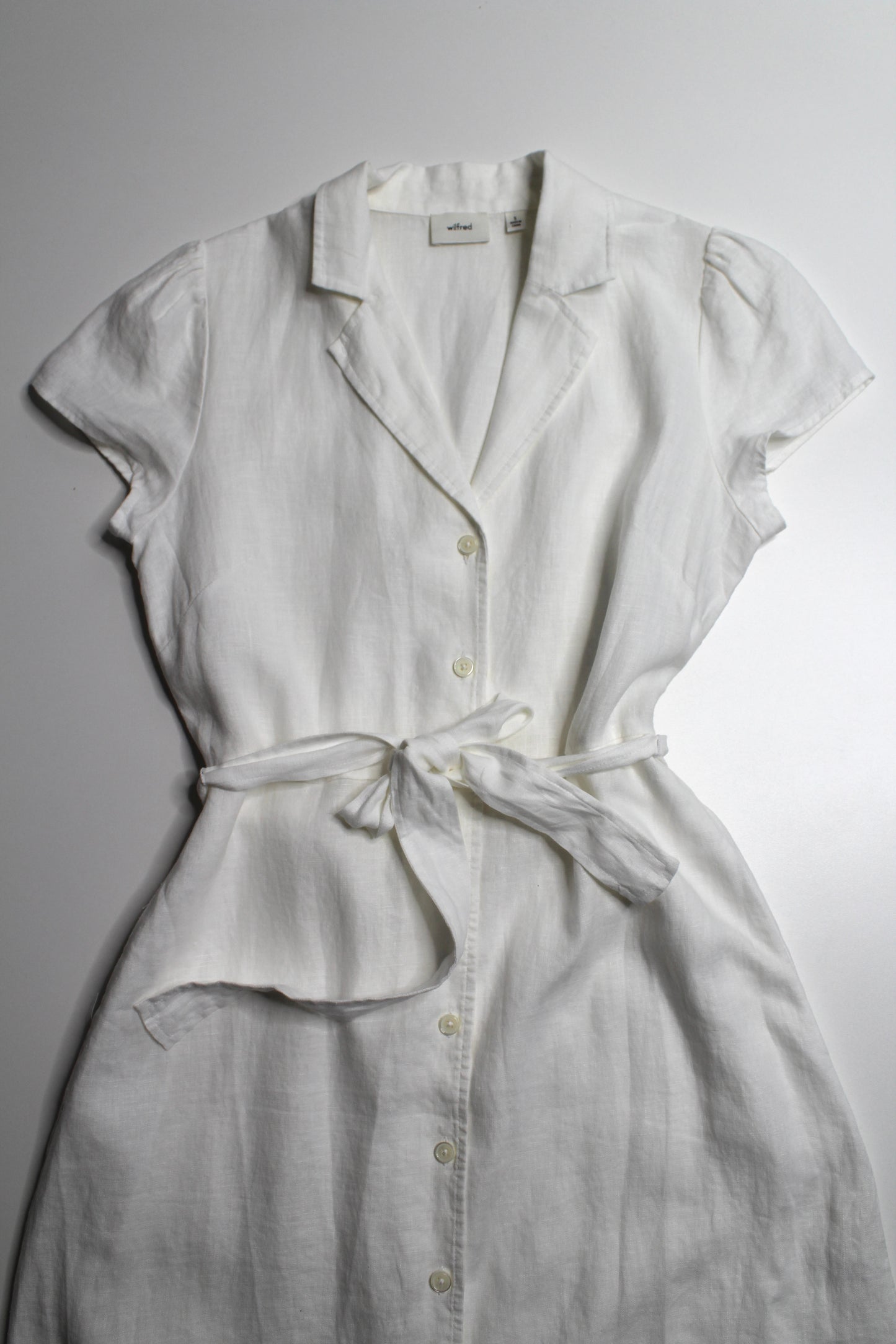 Aritzia Wilfred white linen button front shirt dress, size small