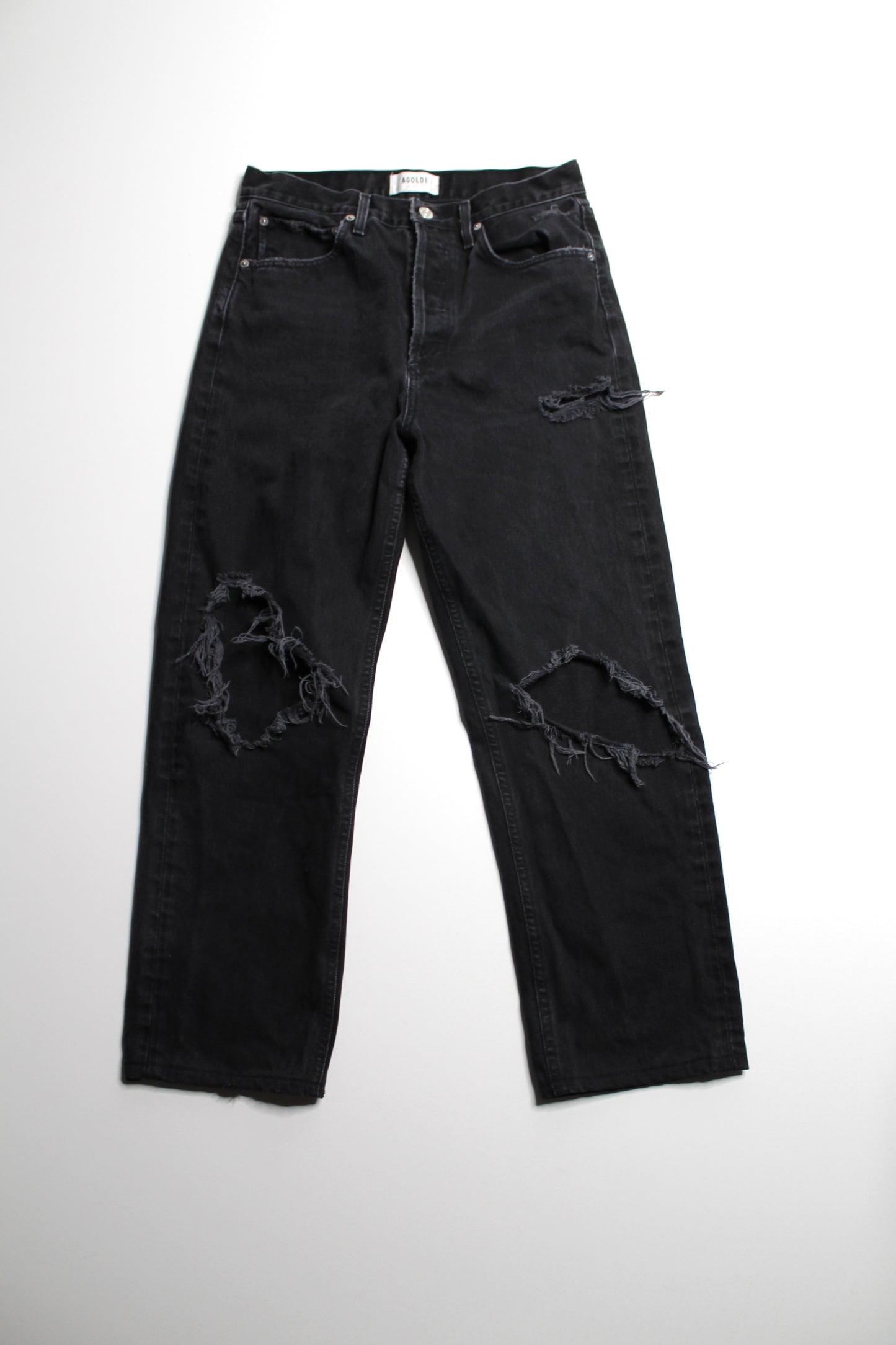 AGOLDE black wash ‘90’s distressed knee jeans, no size, fits like 28 (26”)