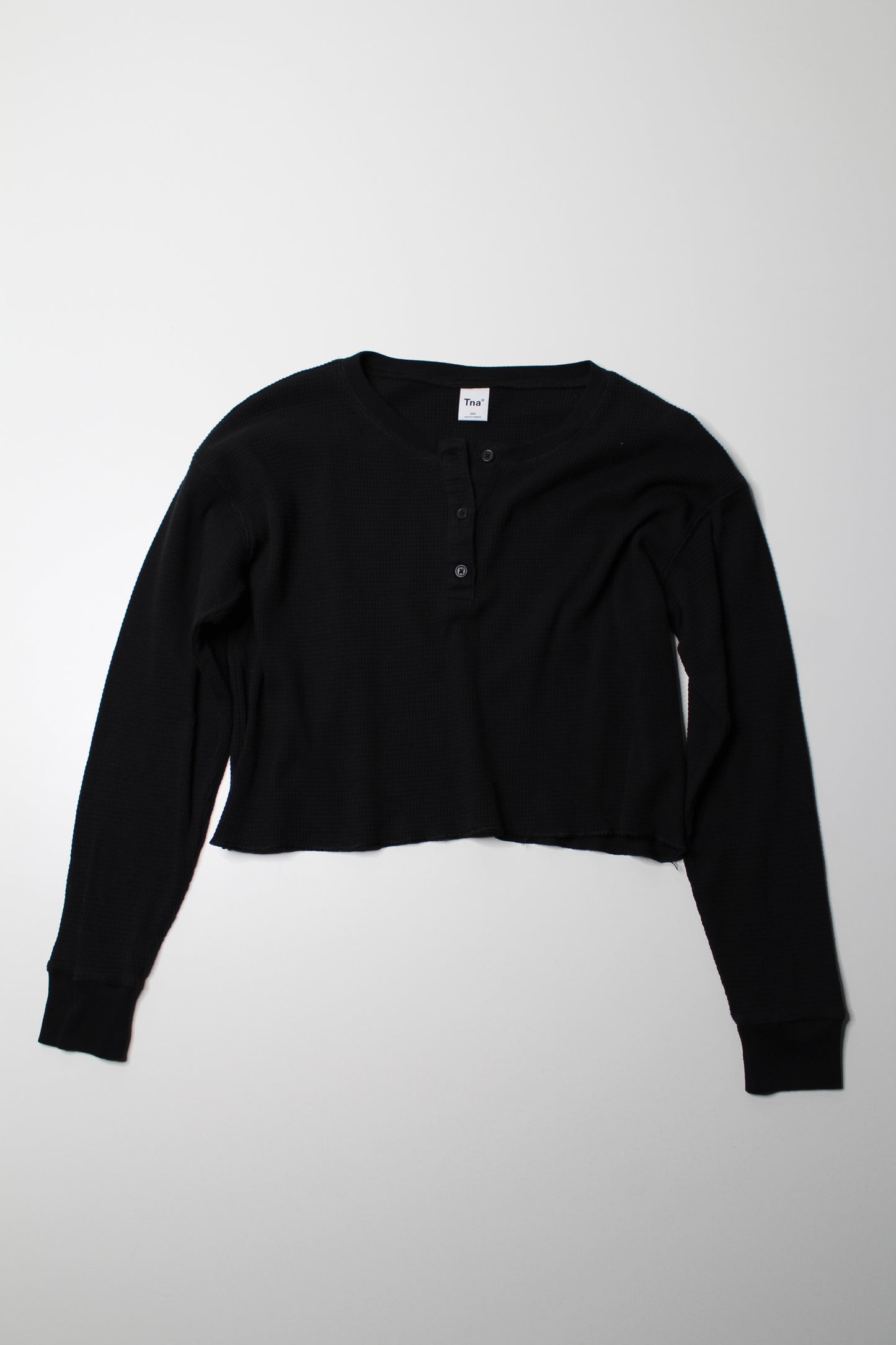 Aritzia TNA black cropped waffle henley long sleeve, size xxsmall (oversized fit)