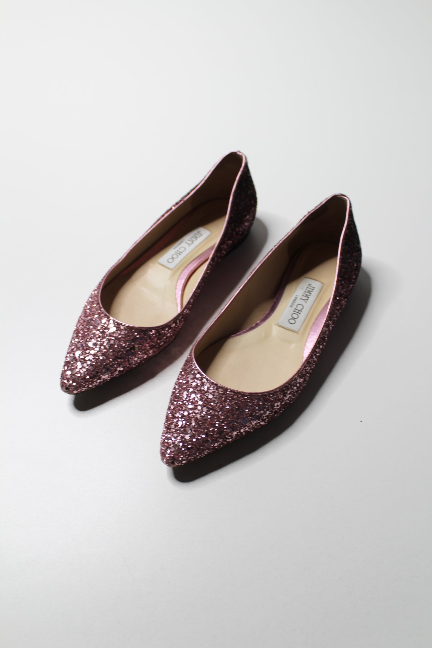 Jimmy Choo pink glitter 'romy' flats, size 36 (size 6)