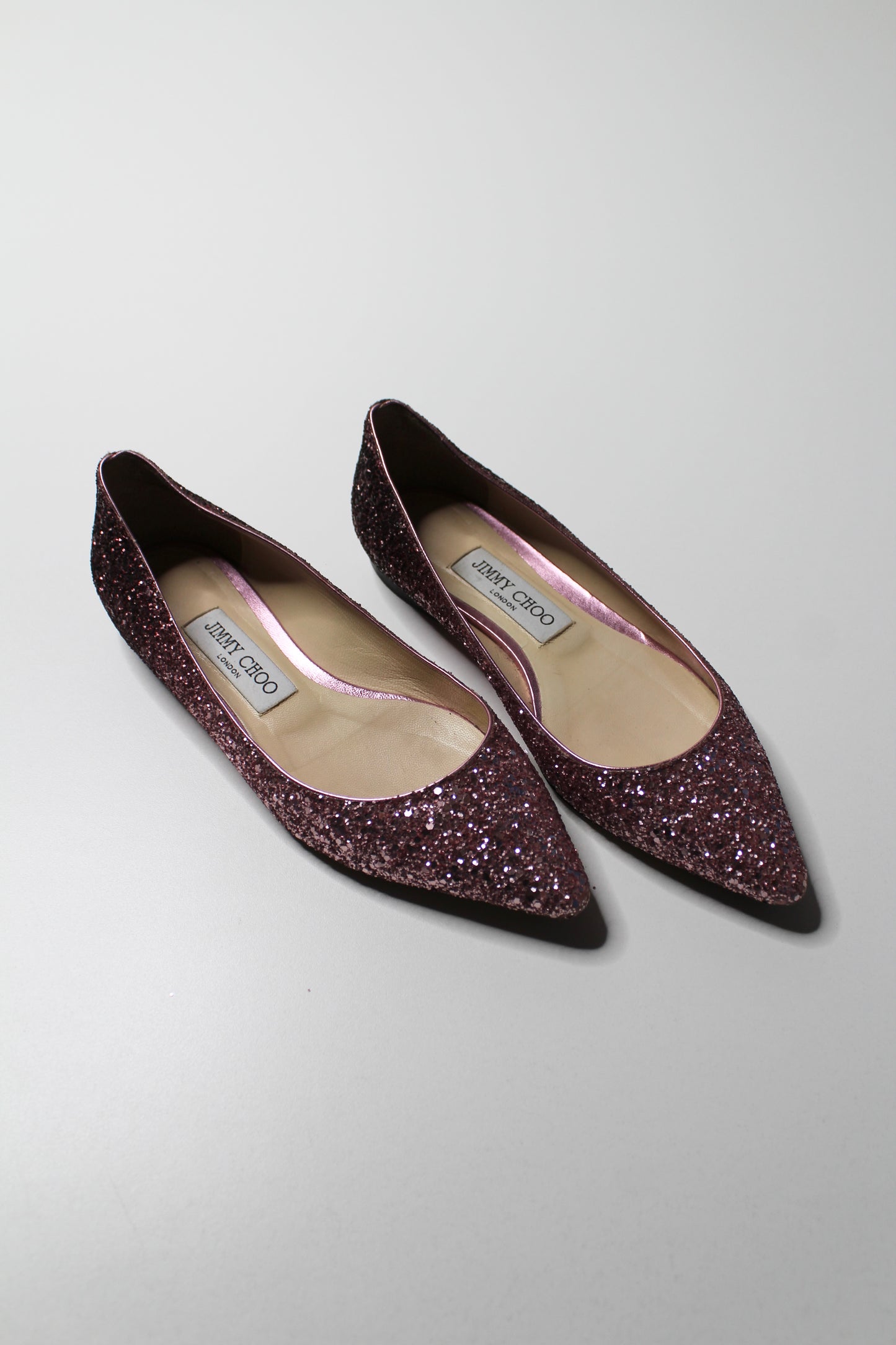 Jimmy Choo pink glitter 'romy' flats, size 36 (size 6)