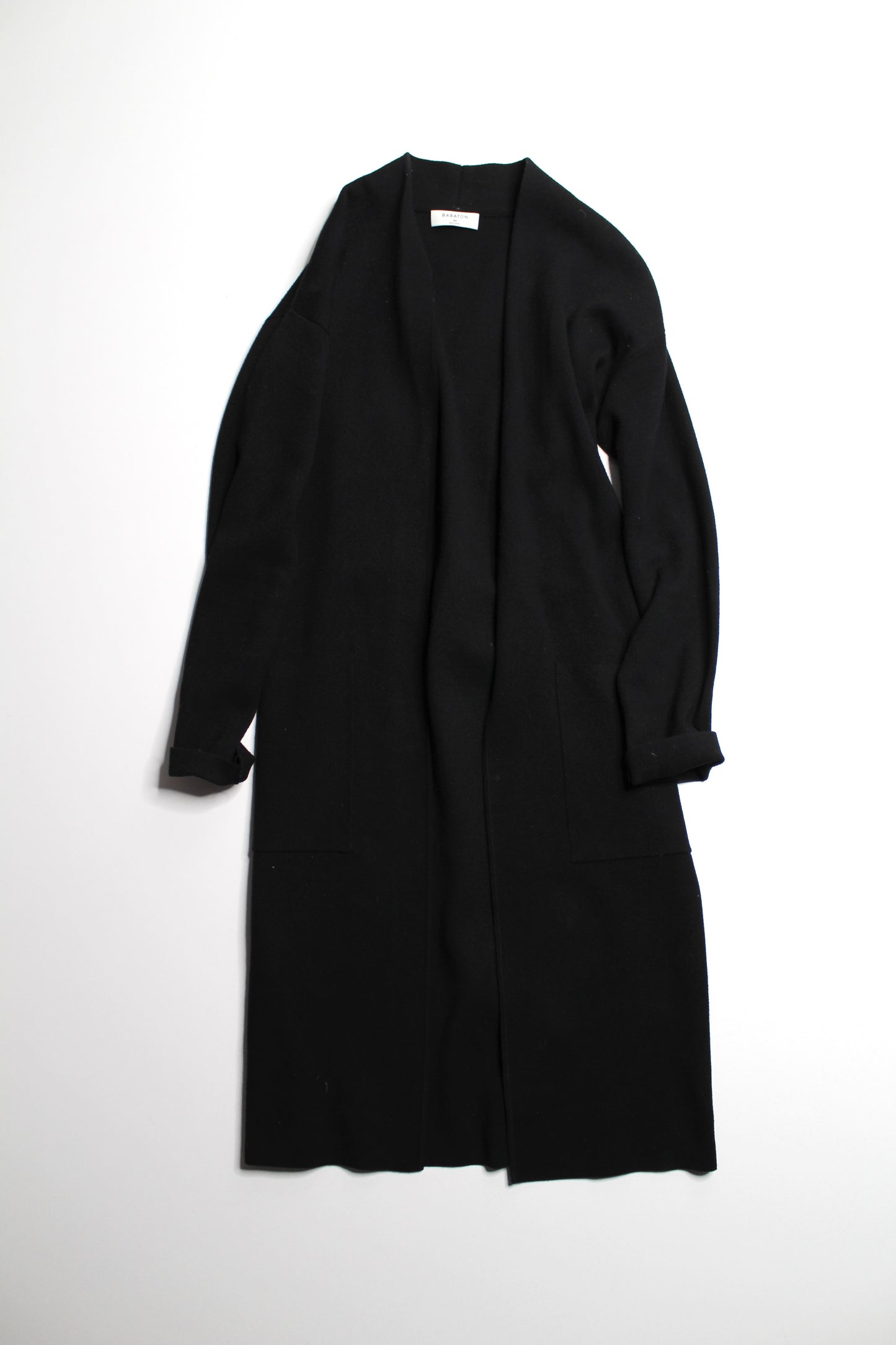 Aritzia Babaton black 'ty' long open front cardigan, size small (relaxed fit)