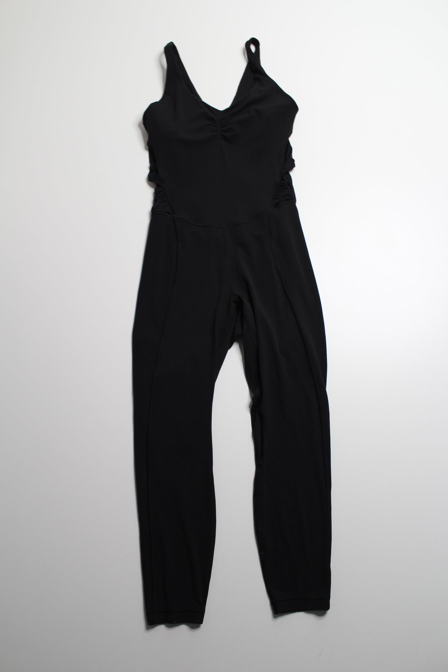 Lululemon black ruched yoga bodysuit, size 8 (25”)