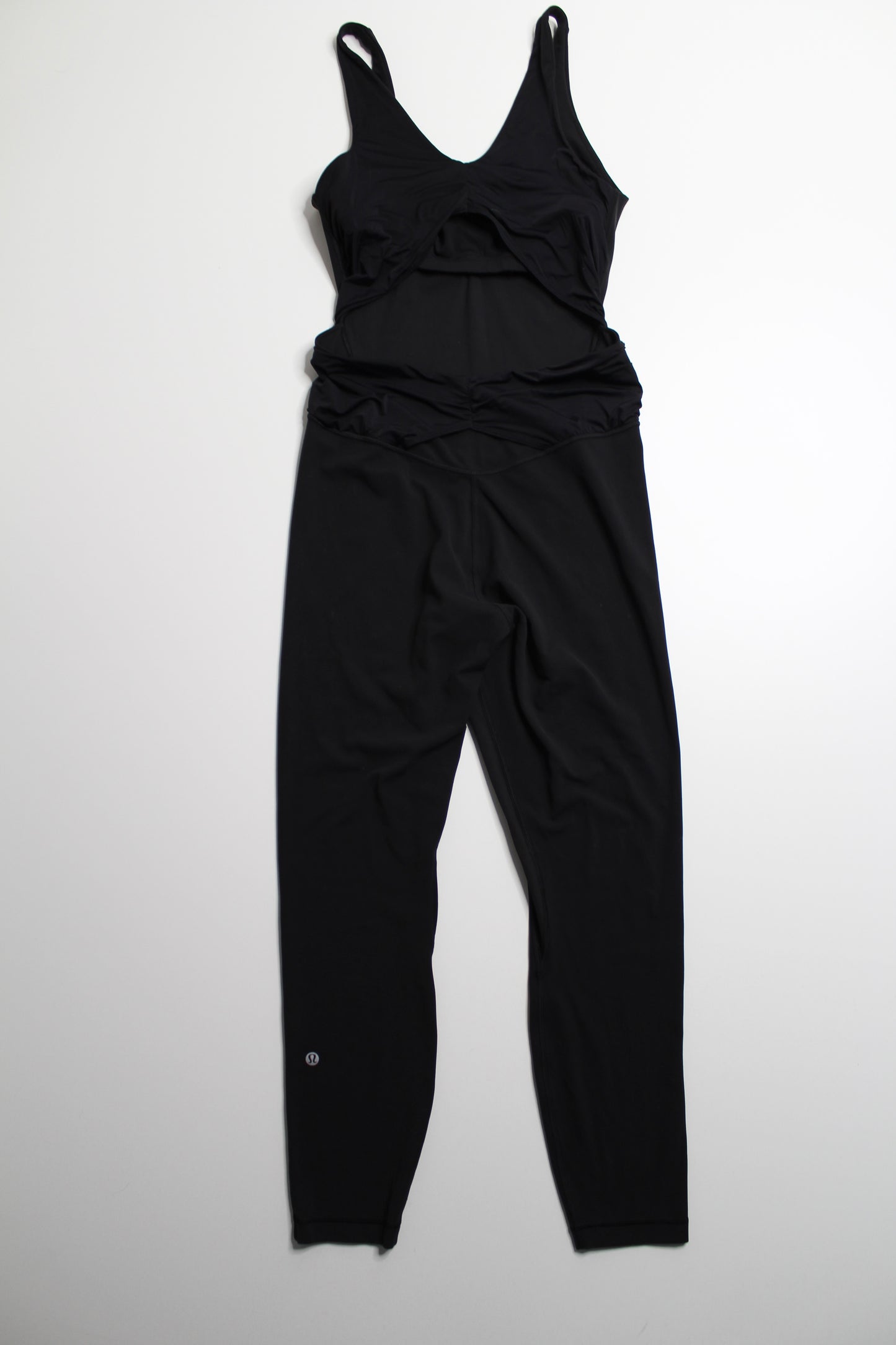 Lululemon black ruched yoga bodysuit, size 8 (25”)