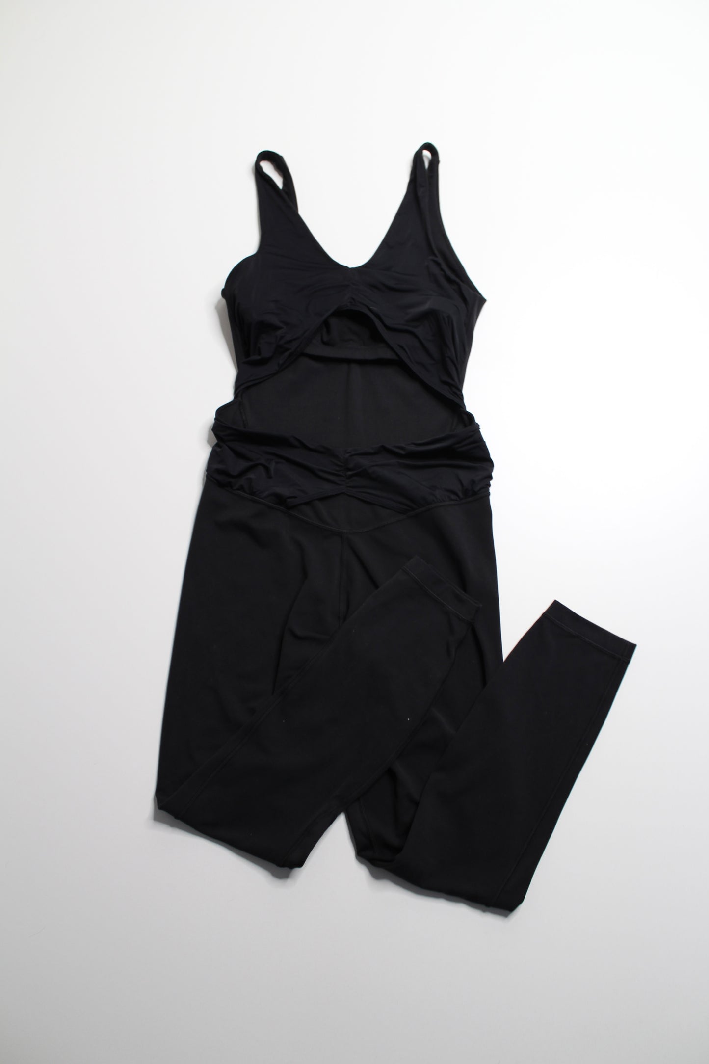 Lululemon black ruched yoga bodysuit, size 8 (25”)