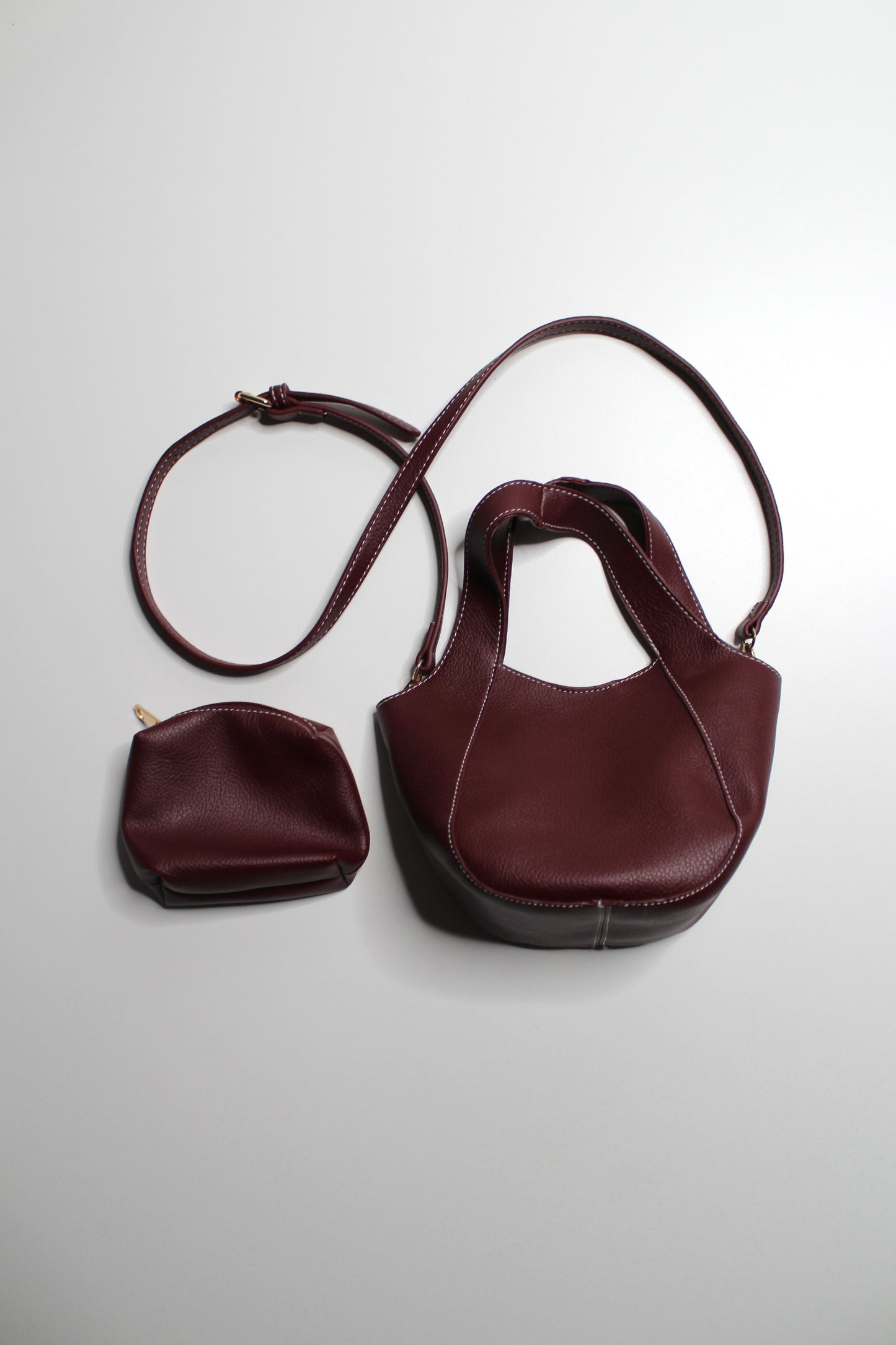 Anthropologie burgundy Sonia slouchy faux leather mini tote purse with matching zippered pouch
