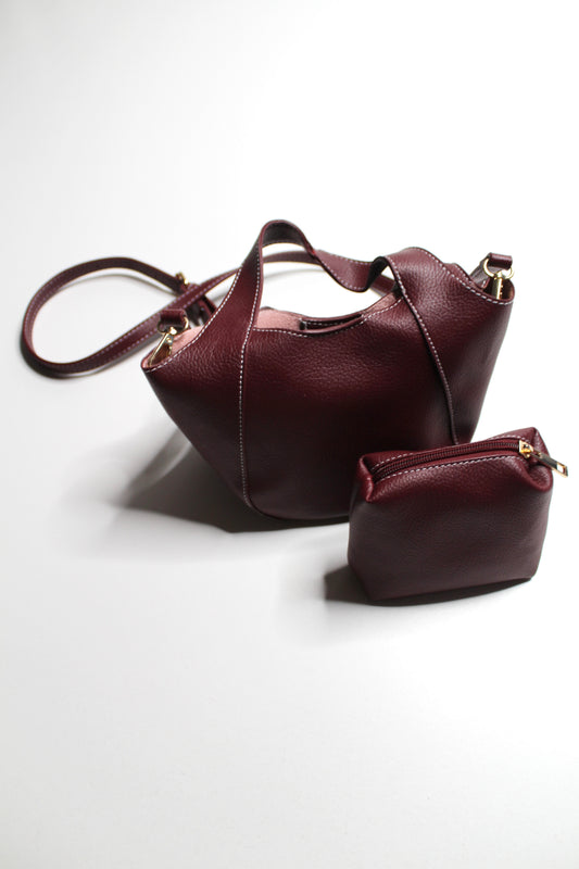 Anthropologie burgundy Sonia slouchy faux leather mini tote purse with matching zippered pouch