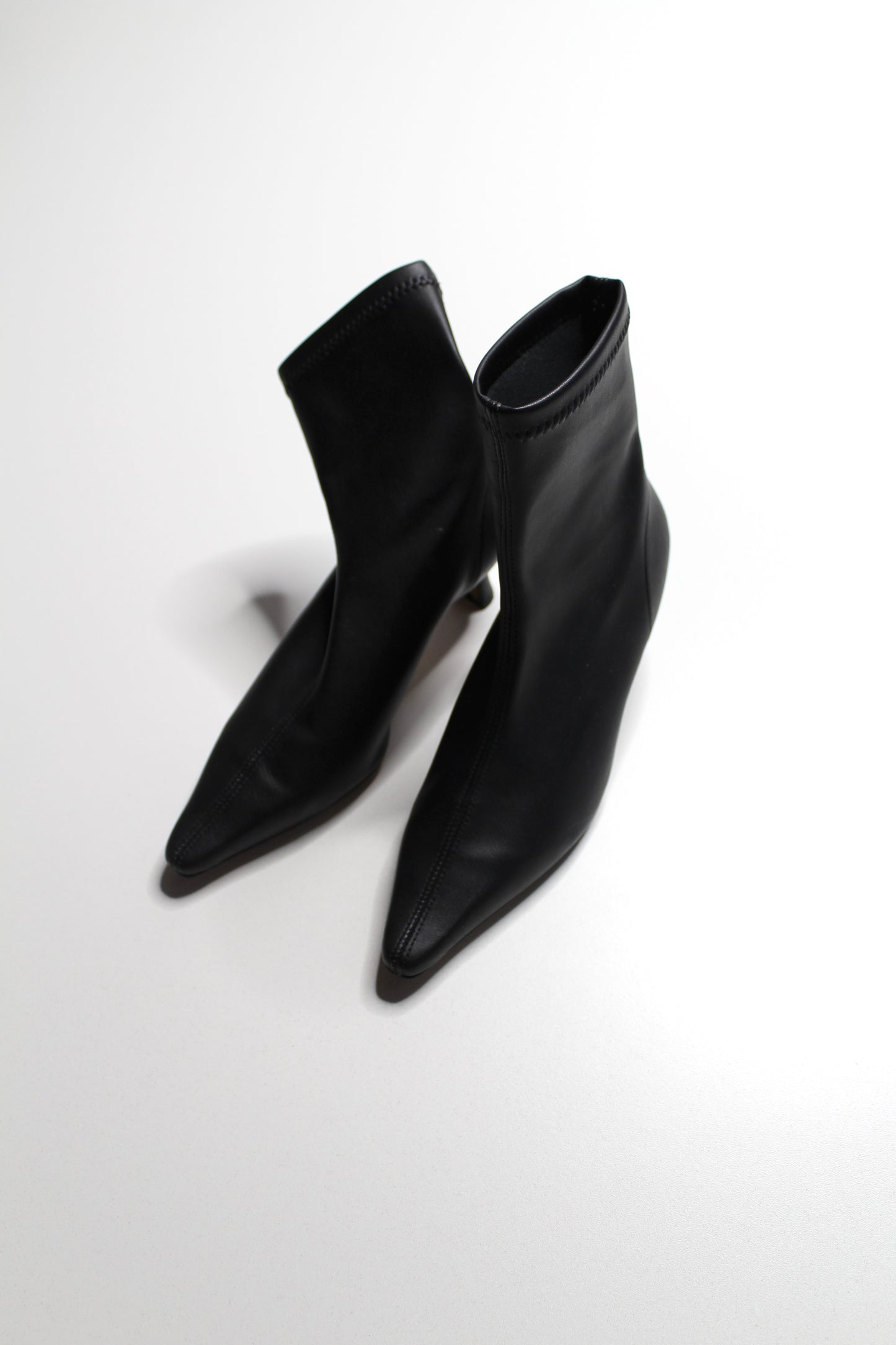 Anthropologie Angel Alarcon black faux leather pointed toe kitten heel boots, size 36 (size 5-5.5) Fits up to size 6