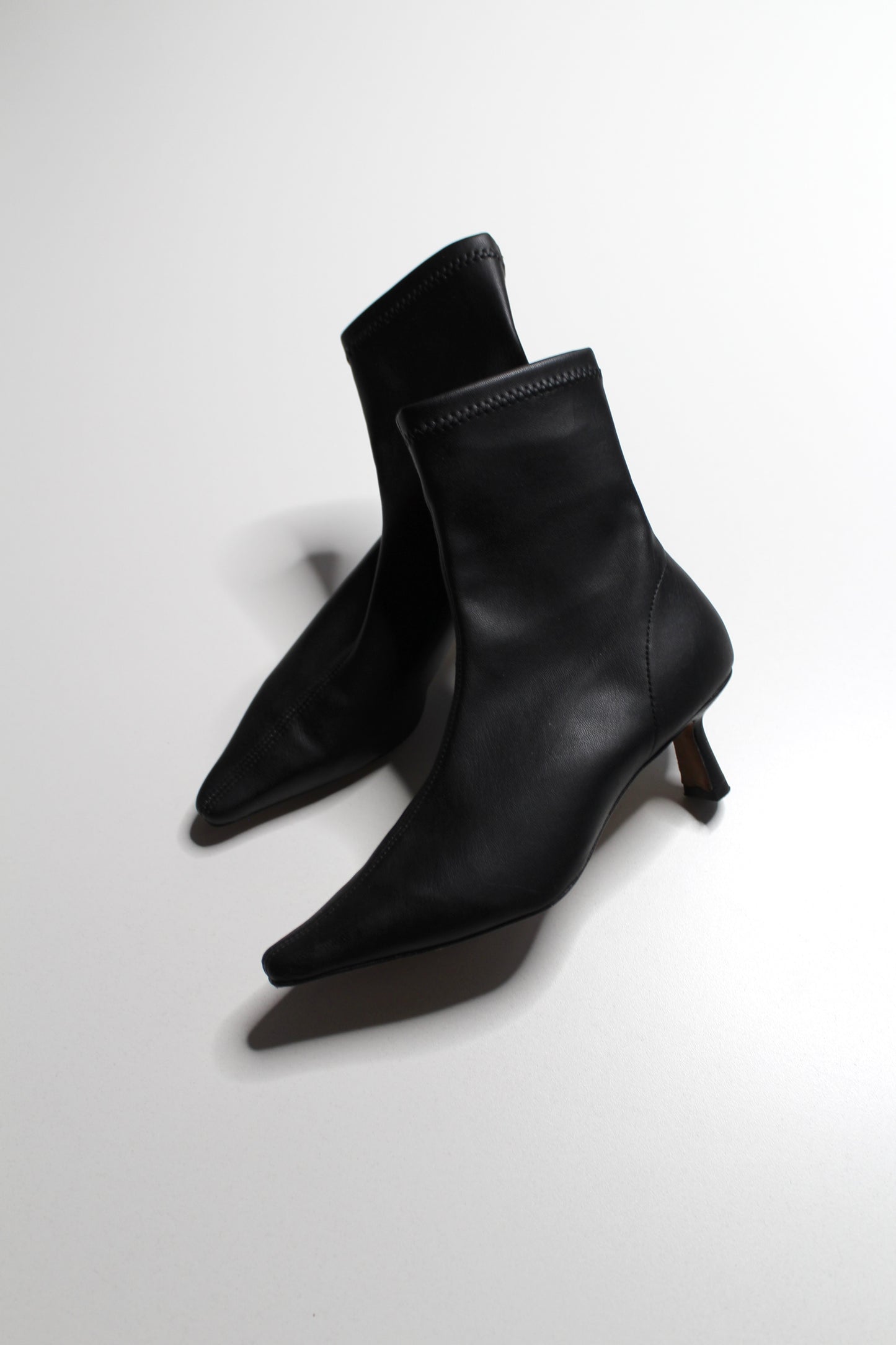 Anthropologie Angel Alarcon black faux leather pointed toe kitten heel boots, size 36 (size 5-5.5) Fits up to size 6