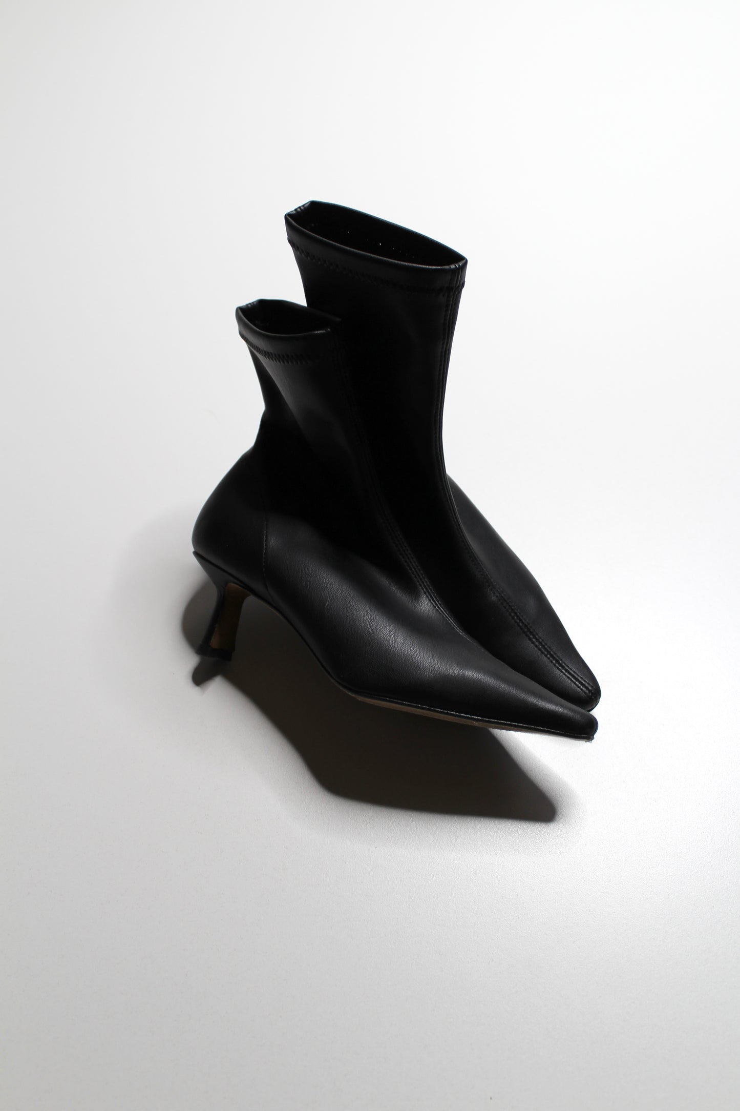 Anthropologie Angel Alarcon black faux leather pointed toe kitten heel boots, size 36 (size 5-5.5) Fits up to size 6